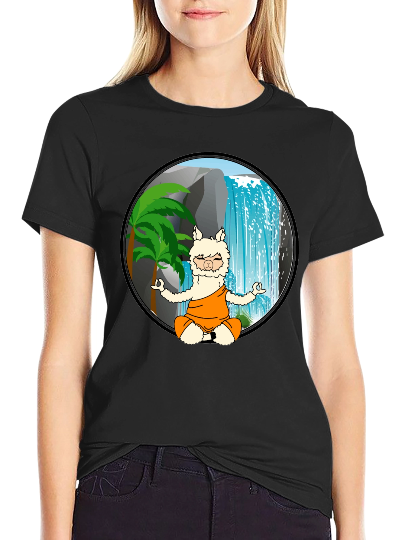 Black Zen Llama T-Shirt - Meditating Alpaca Design view 2