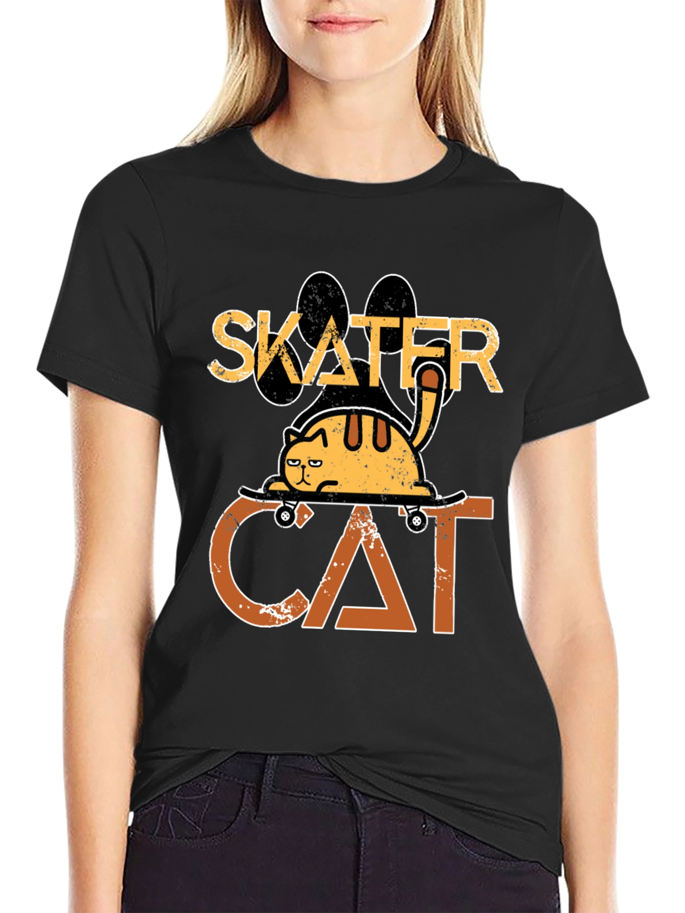 Black Skater Cat Graphic Tee - Cool & Funny Cat T-Shirt view 2