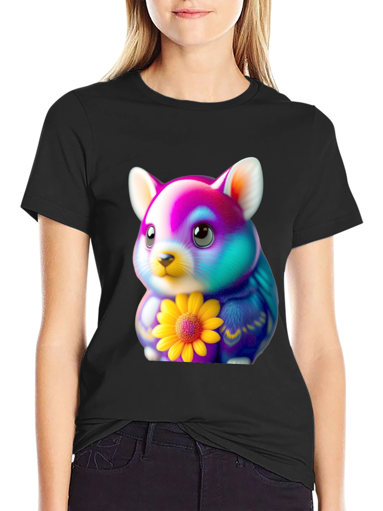 Black Cute Hamster T-Shirt with Sunflower Graphic view 2