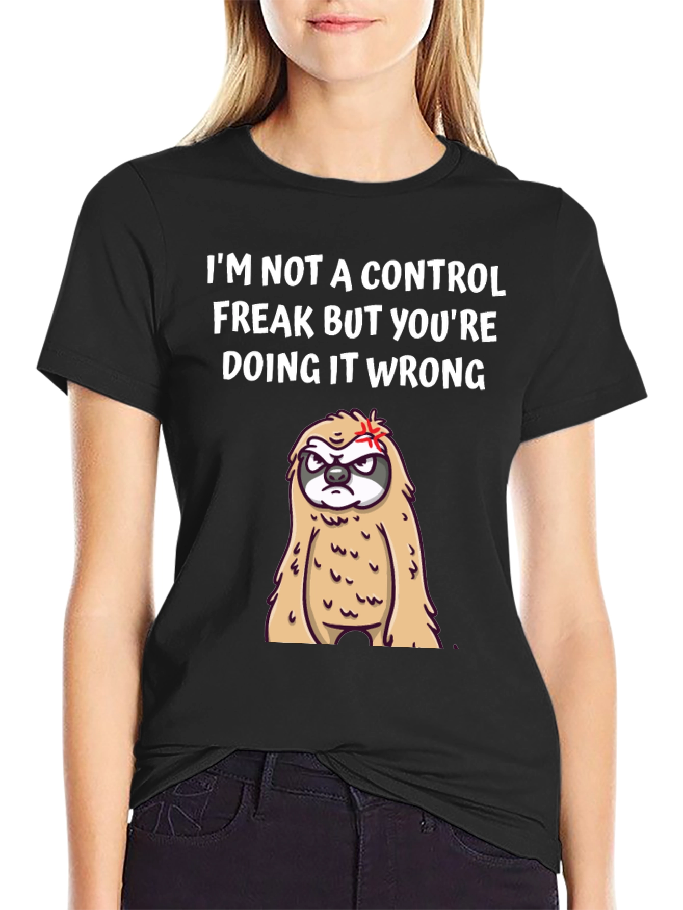Black Control Freak Sloth Graphic T-Shirt - Funny Slogan Tee view 2