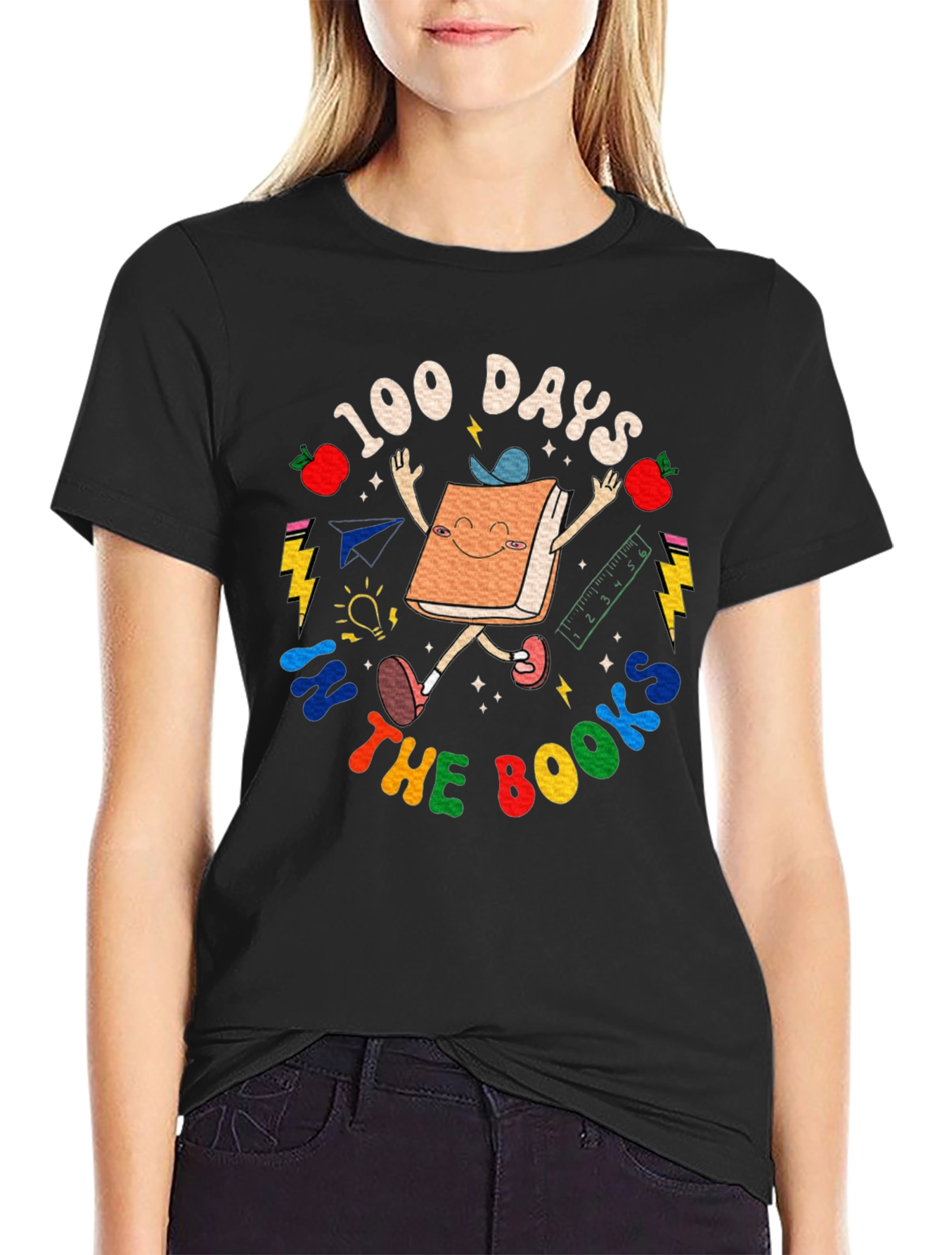 Black 100 Days in The Books T-Shirt - Cute Book Character view 2