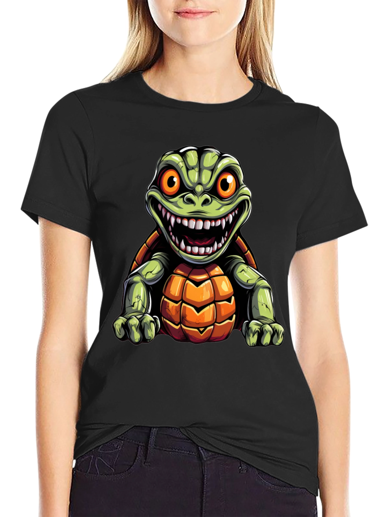 Black Men's Black T-Shirt with Cartoon Turtle Graphic view 2