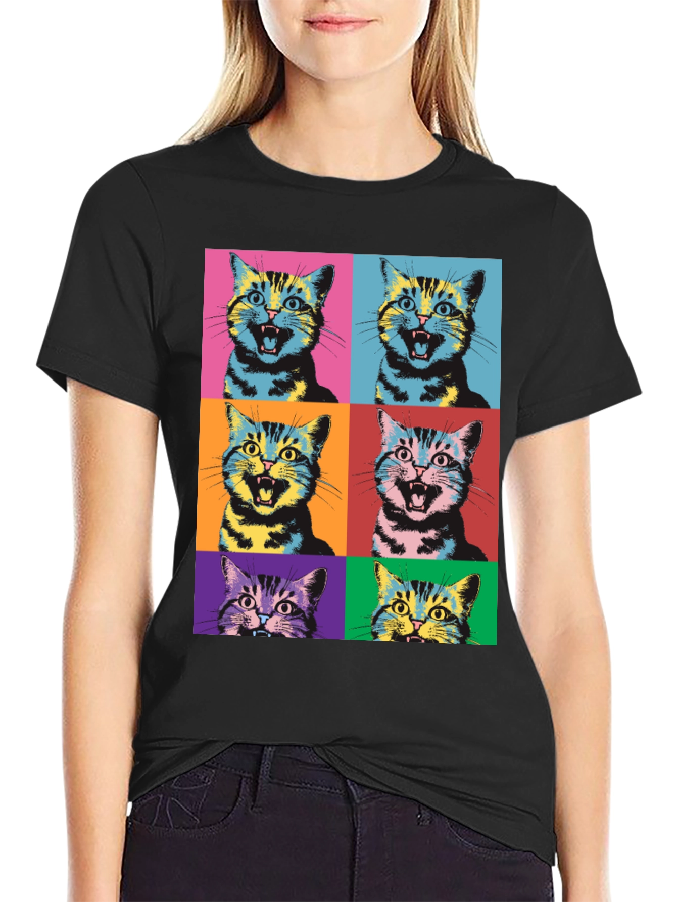 Black Pop Art Cat Graphic T-Shirt - Unique Style view 2