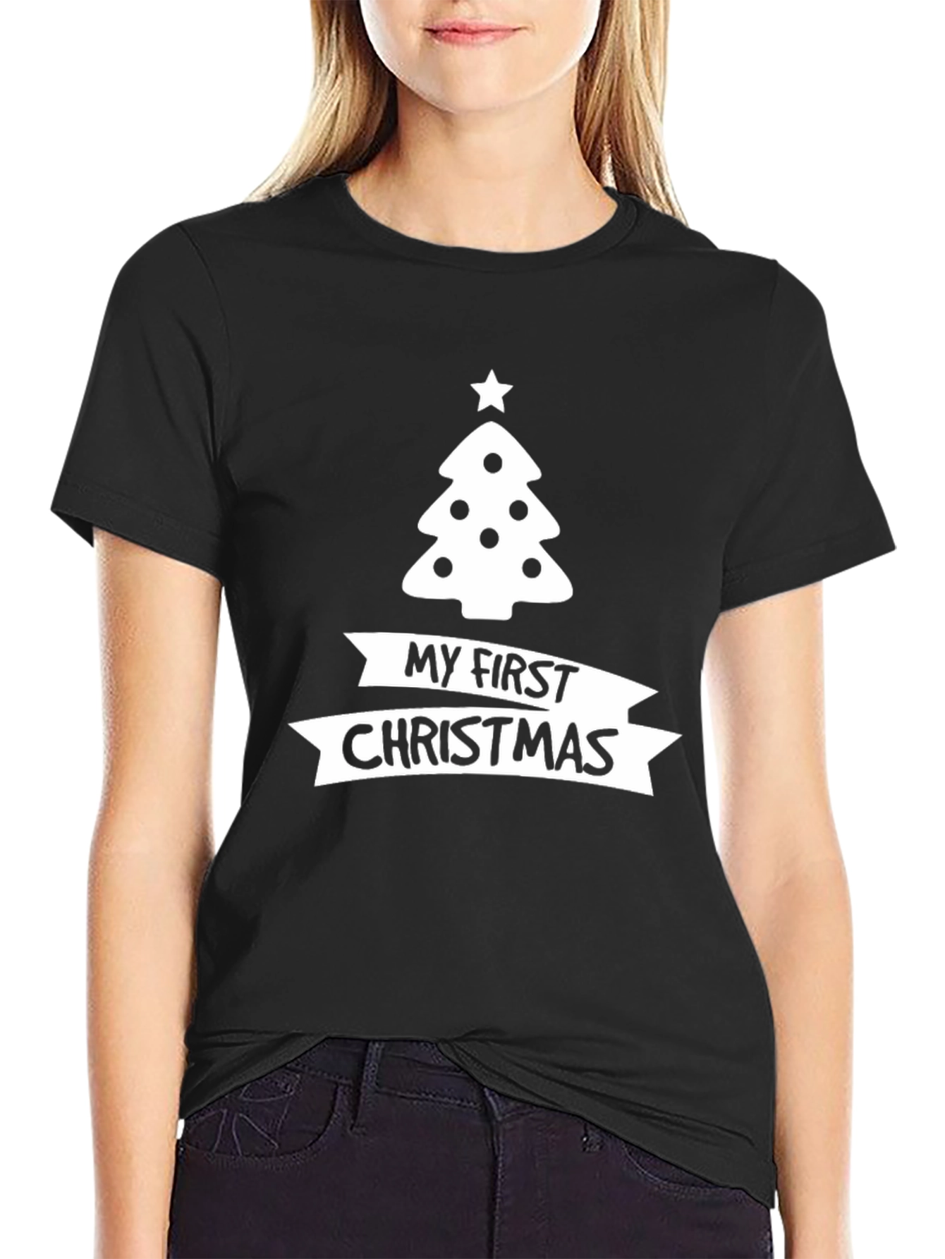 Black My First Christmas Tree Graphic Tee - Black Cotton Holiday Shirt view 2