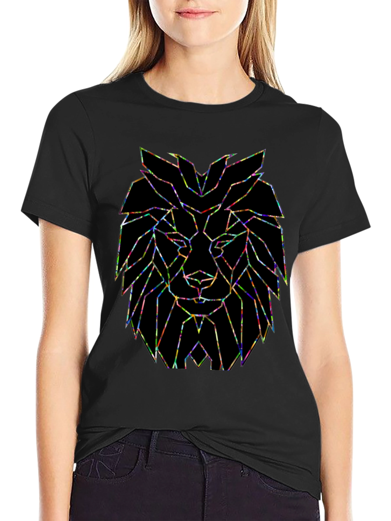 Black Geometric Lion Head Graphic Tee - Modern Art Design view 2