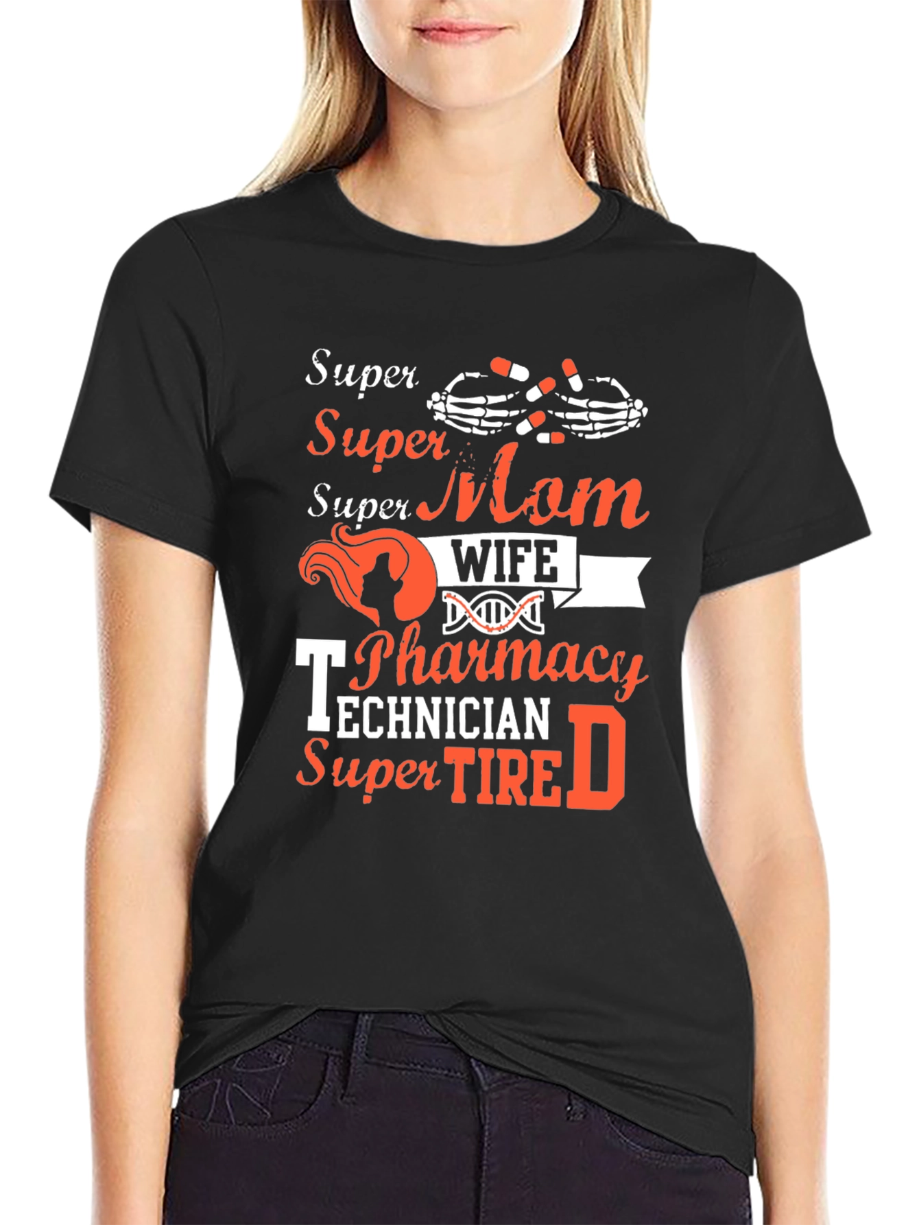 Black Super Mom Wife Pharmacy Technician T-Shirt view 2