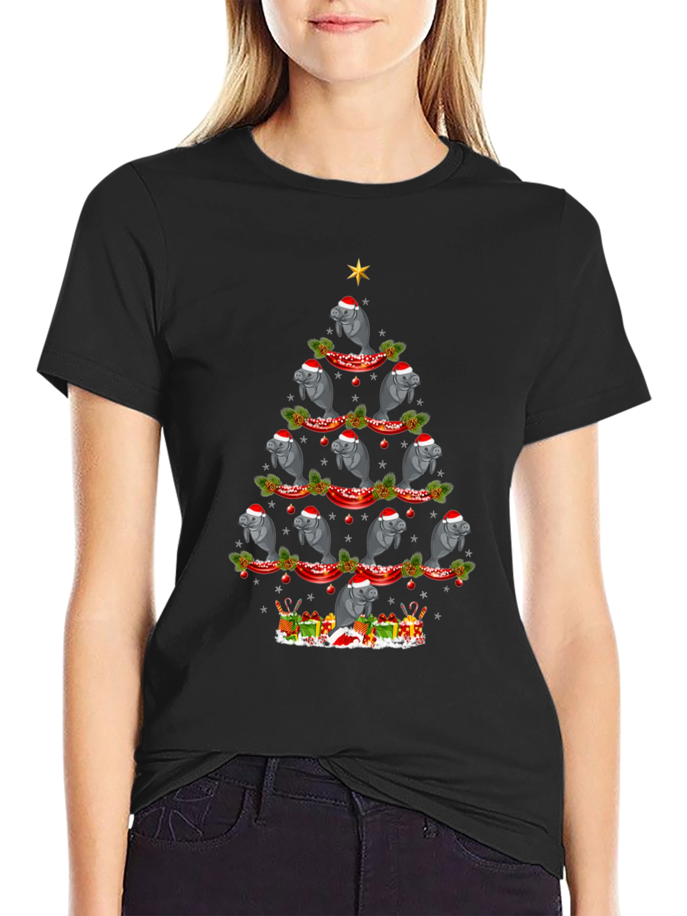 Black Manatee Christmas Tree Graphic Tee - Holiday Fun view 2