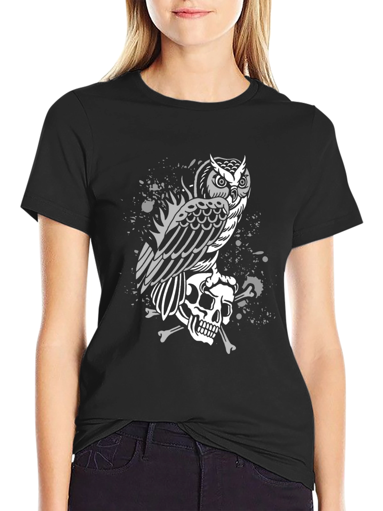 Black Owl & Skull Graphic Tee - Black Cotton T-Shirt view 2
