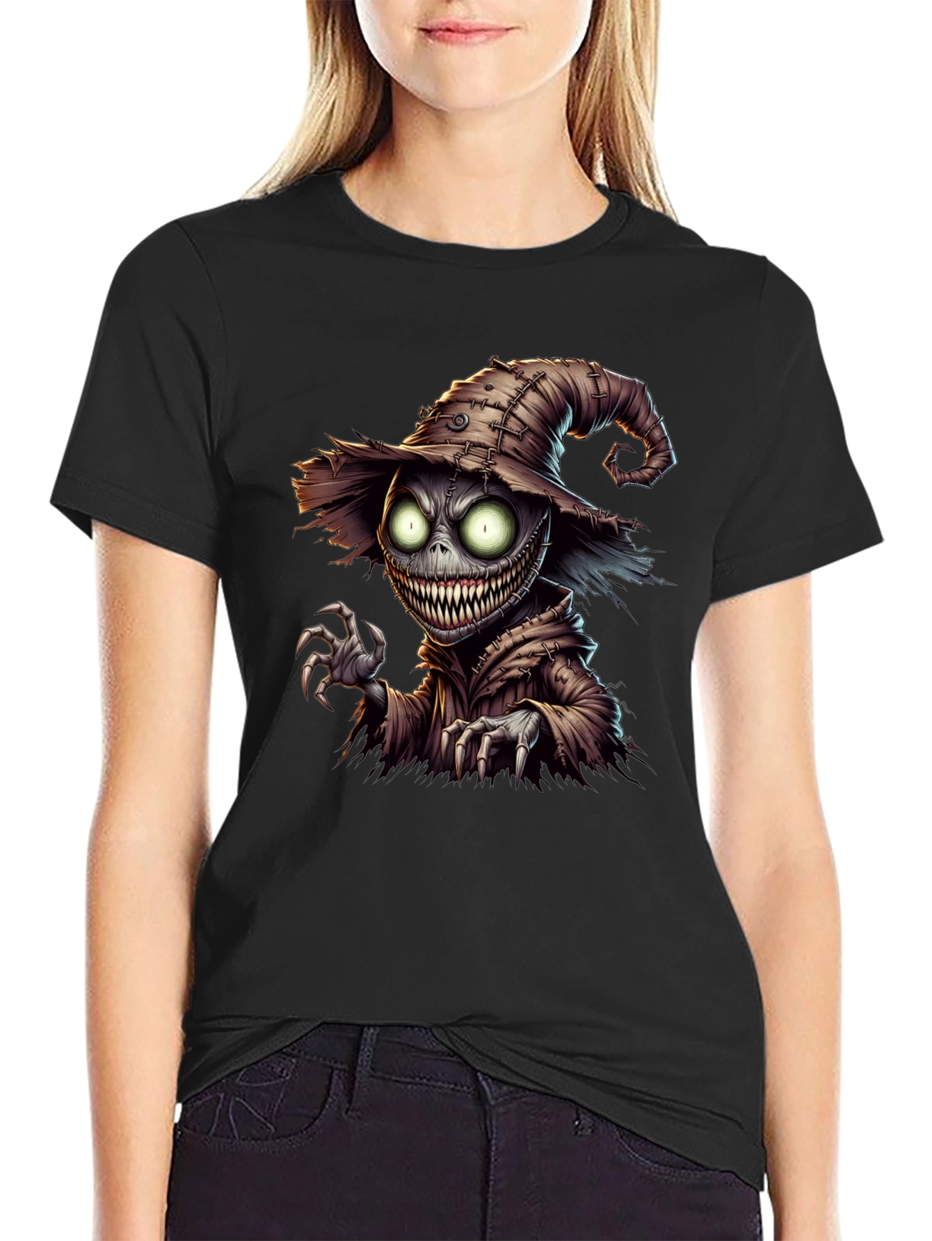 Black Creepy Scarecrow Graphic Tee - Halloween Horror Shirt view 2