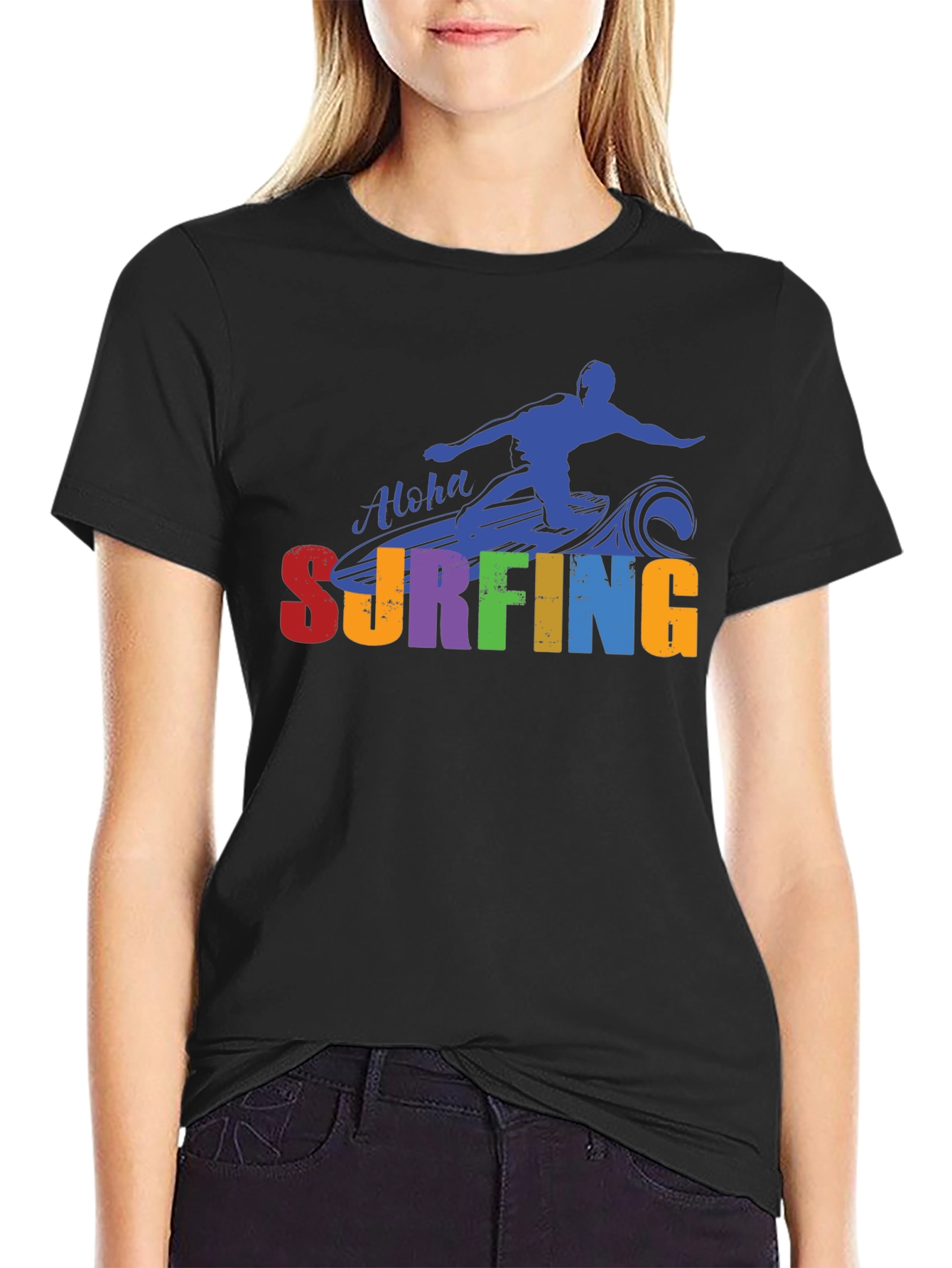 Black Aloha Surfing Graphic Tee - Black Cotton T-Shirt view 2