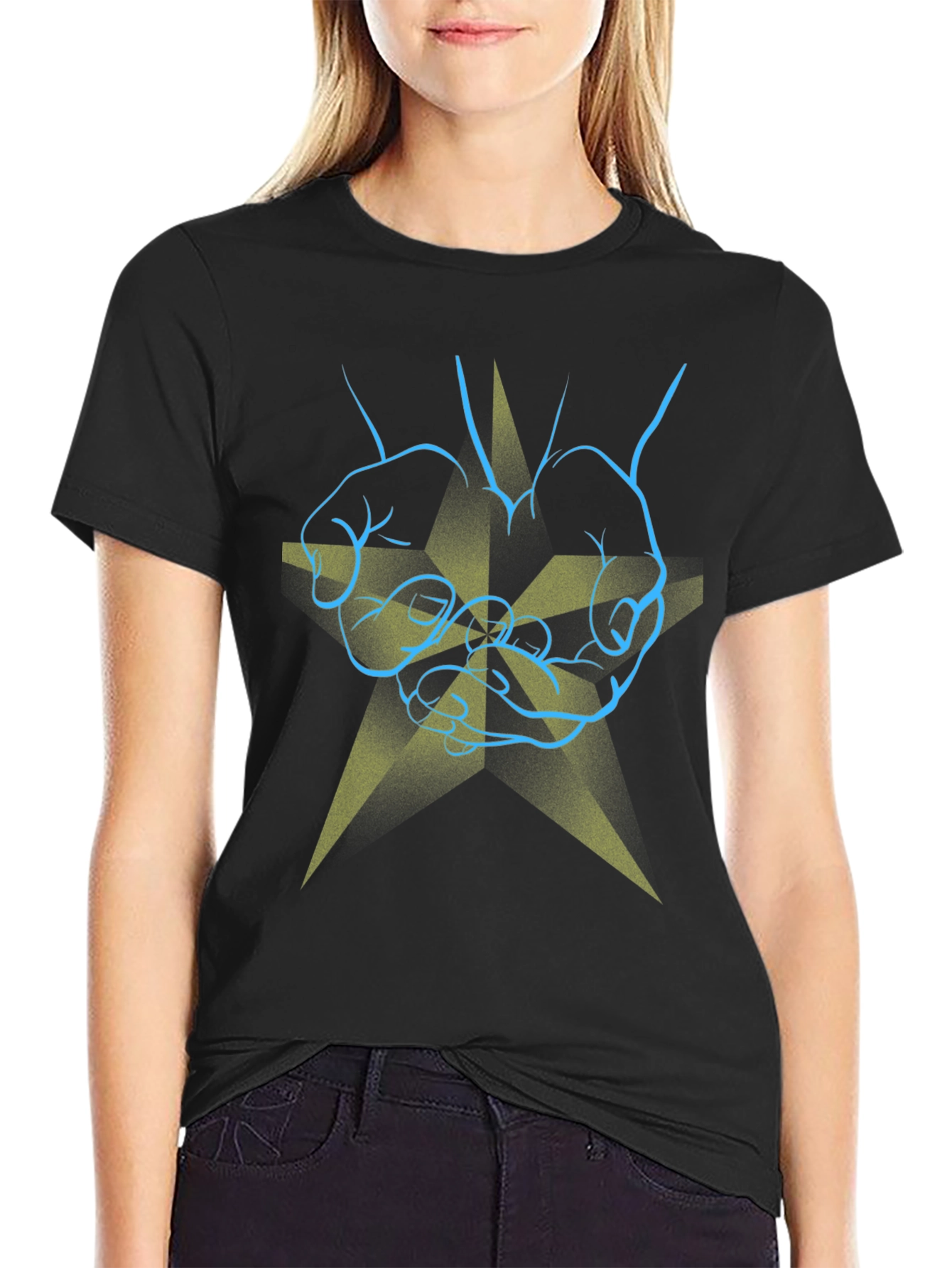 Black Graphic Print T-Shirt - Hands & Star Design view 2