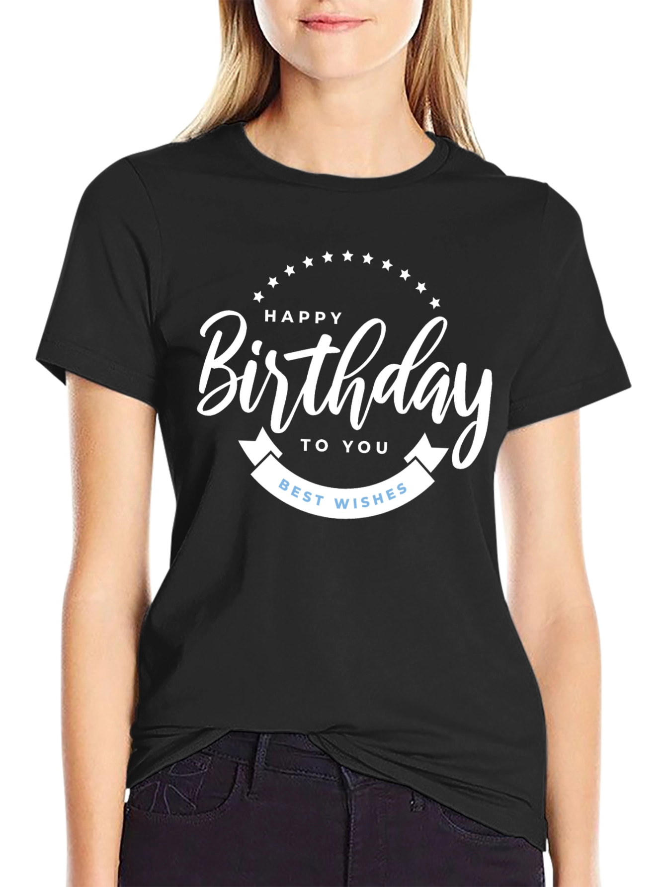 Black Happy Birthday T-Shirt | Black Crew Neck Tee view 2