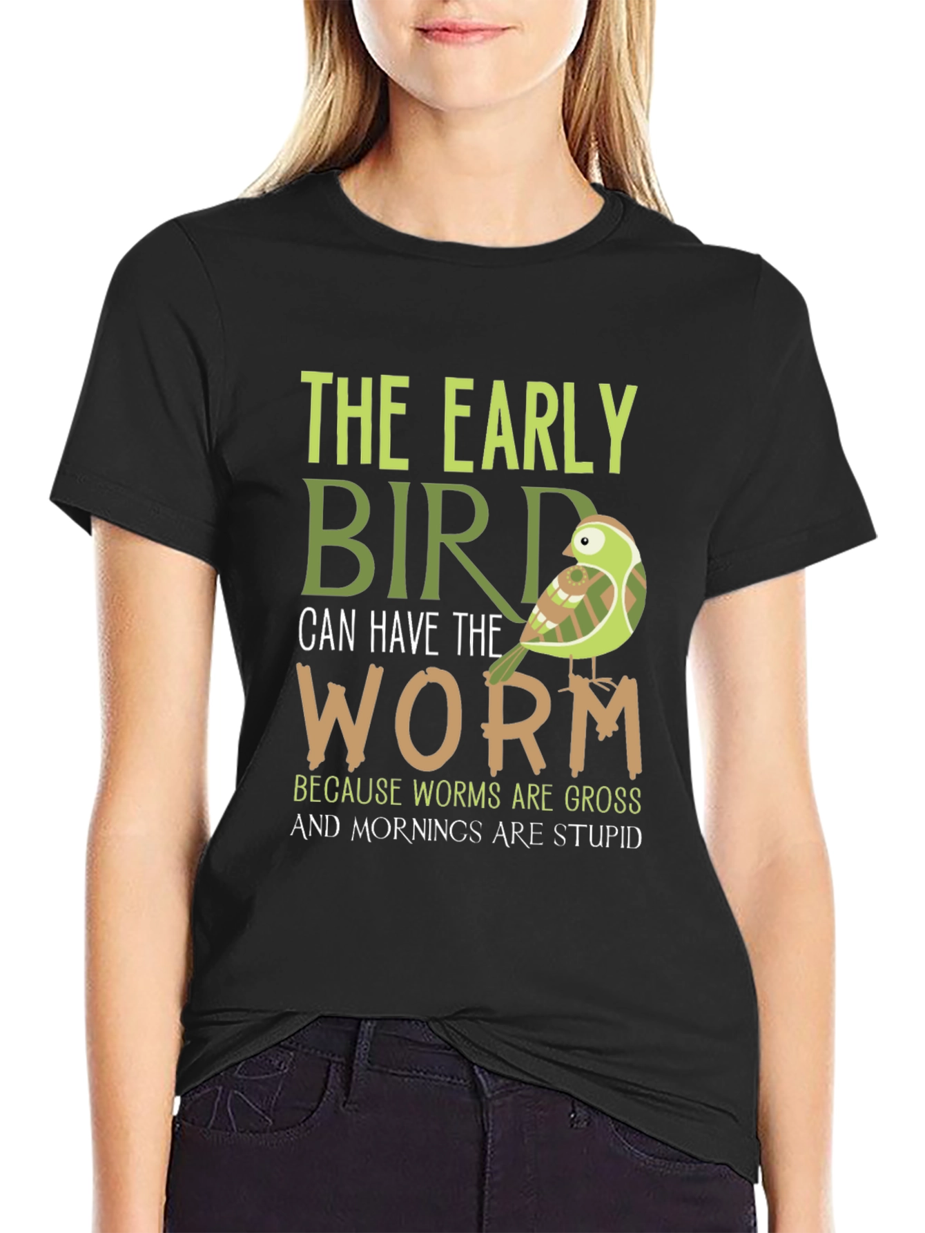 Black Early Bird Graphic Tee - Funny Bird & Worm T-Shirt view 2