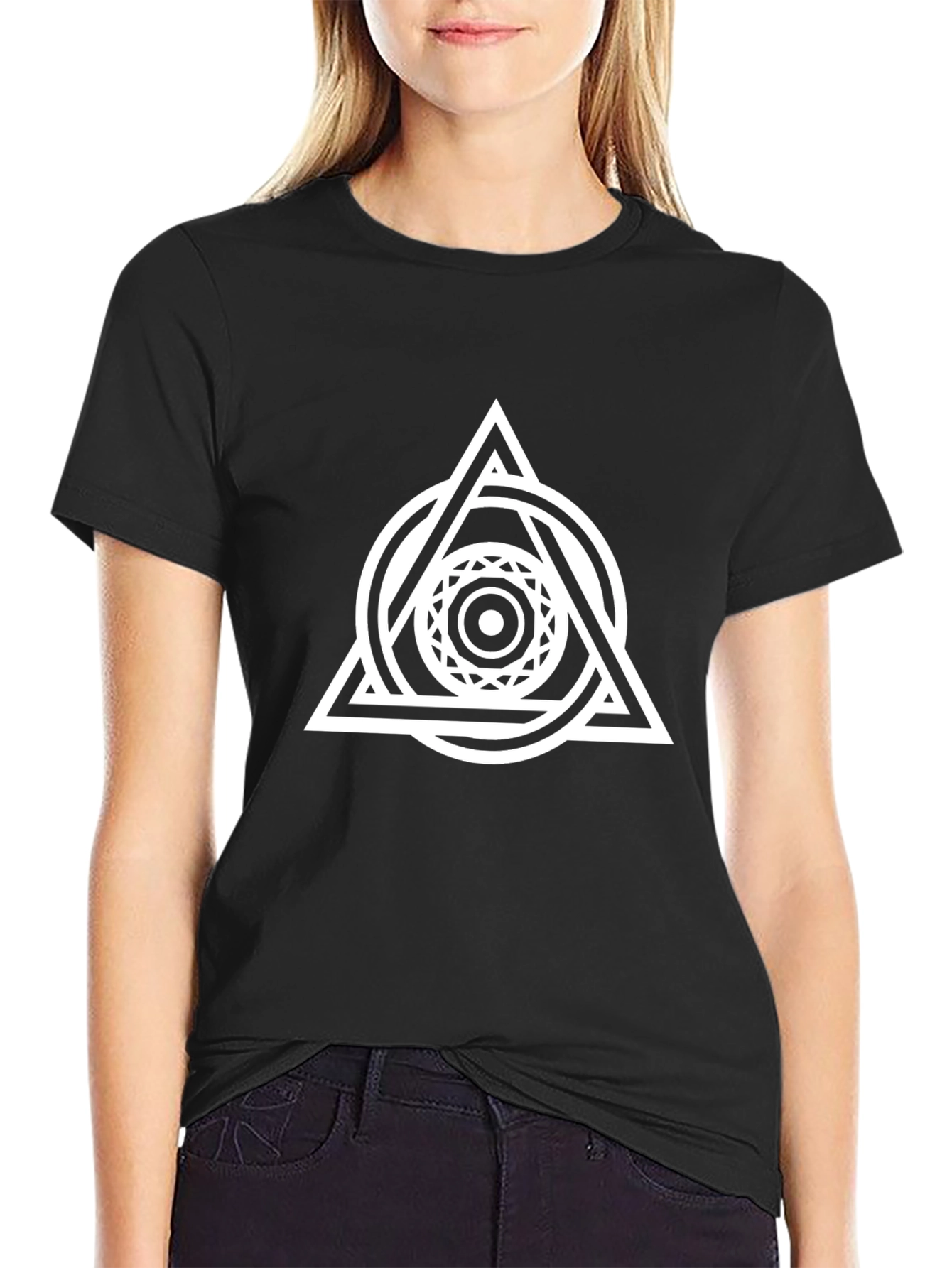 Black Geometric Circle & Triangle Graphic Tee - Black view 2