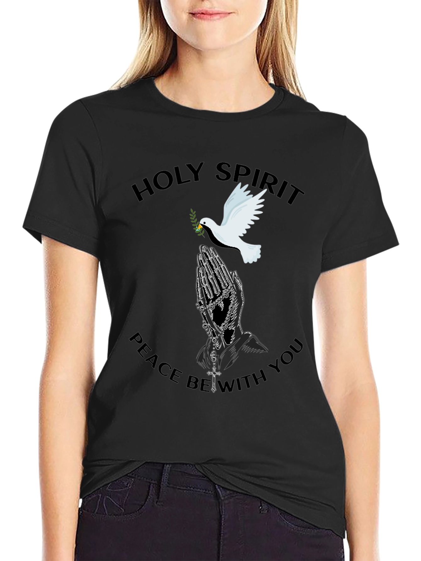 Black Holy Spirit Dove Graphic Black T-Shirt view 2
