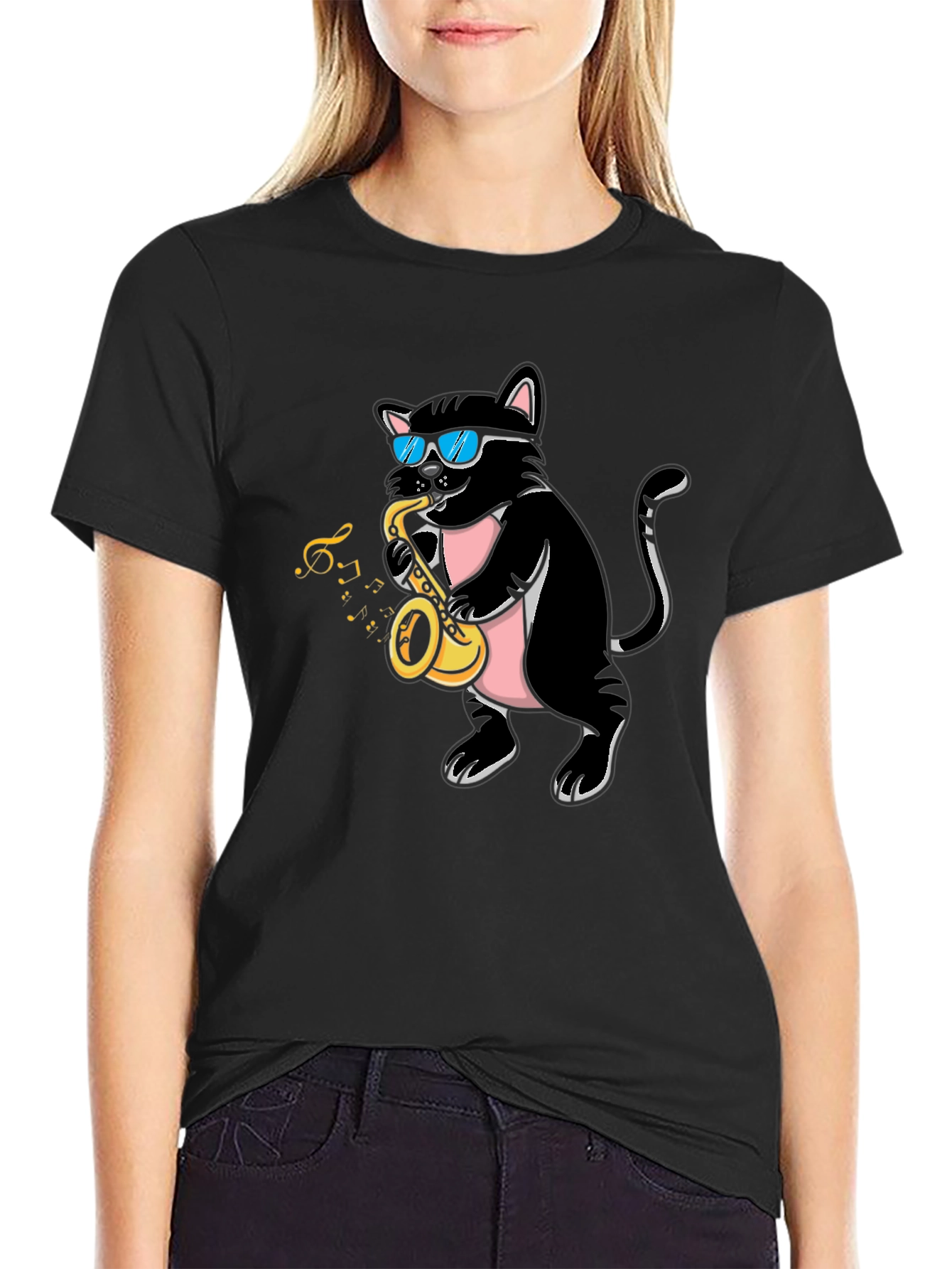 Black Cool Cat Saxophone Player Graphic T-Shirt view 2