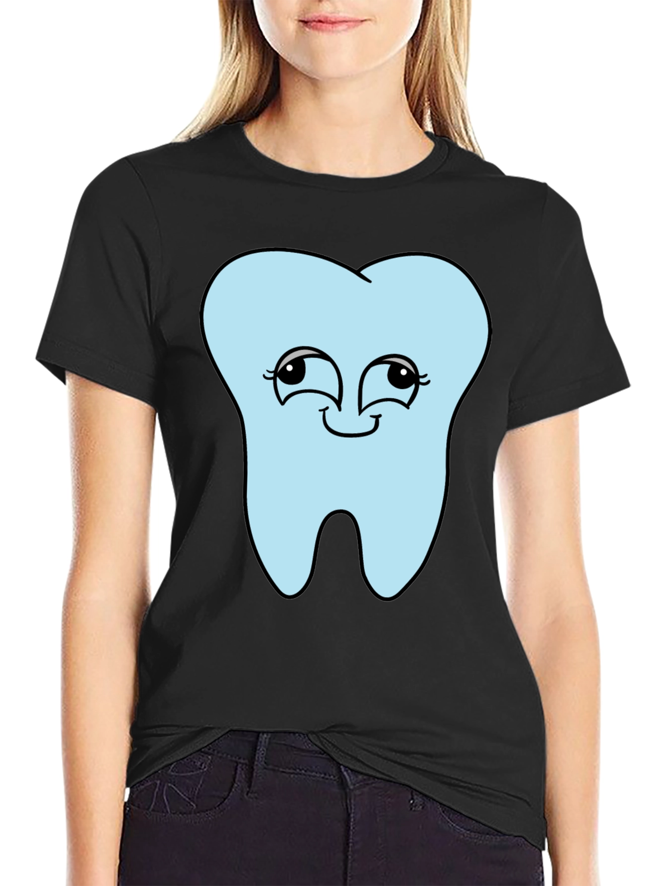 Funny Tooth Cartoon Graphic Print Black T-Shirt - 2