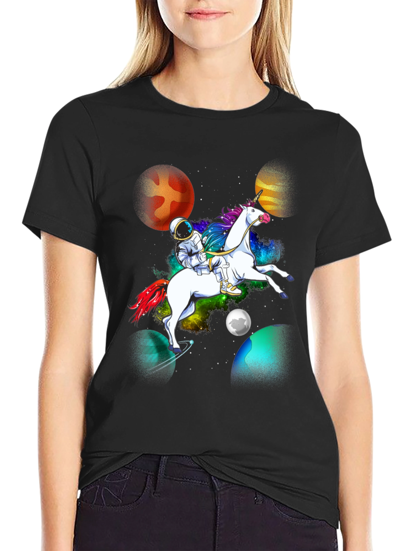 Black Astronaut Unicorn Galaxy T-Shirt view 2