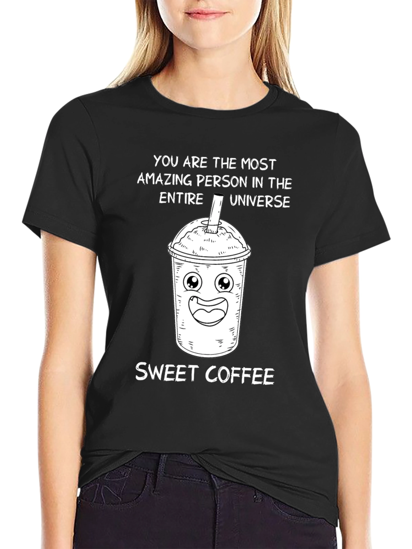 Black Sweet Coffee Cartoon Graphic T-Shirt view 2