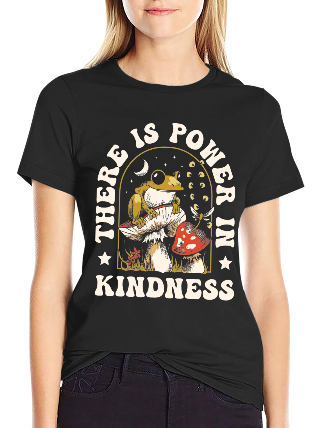 Black Kindness Power T-Shirt - Frog Mushroom Design view 2