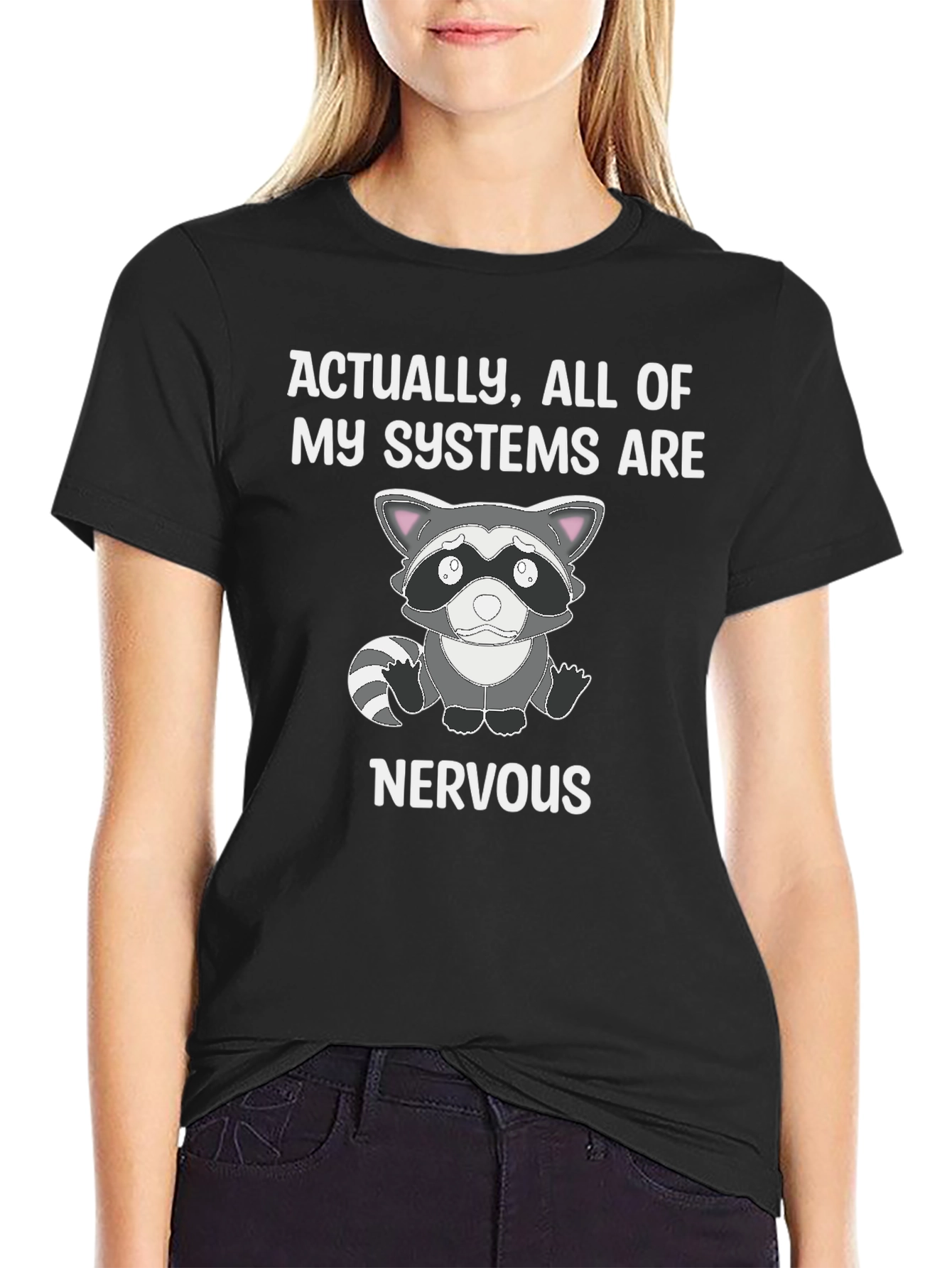 Black Nervous Raccoon Systems T-Shirt - Funny Graphic Tee view 2