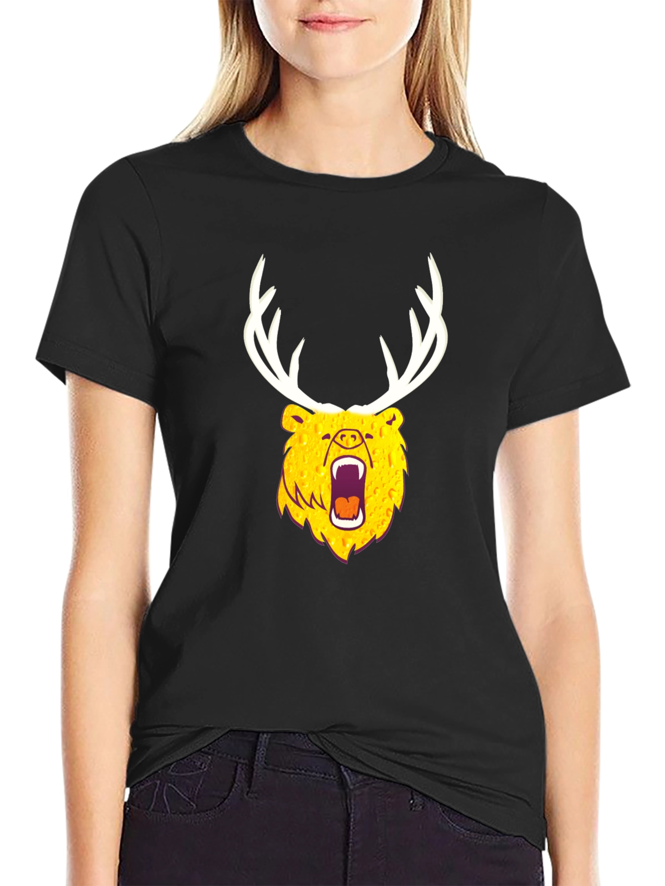 Black Bear with Antlers Graphic Tee - Black view 2