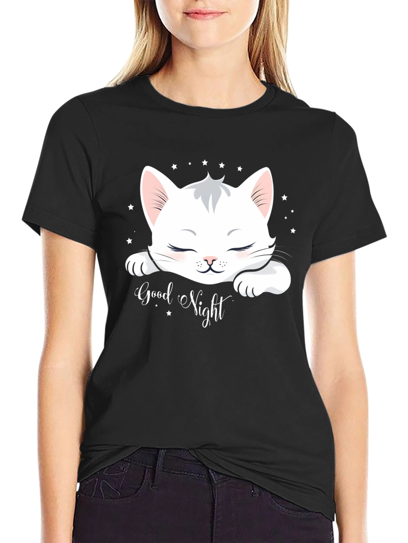 Black Cute Cat "Good Night" Black T-Shirt view 2