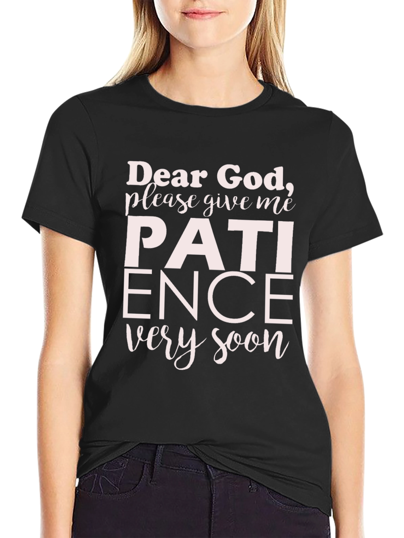 Black Dear God Patience Graphic T-Shirt view 2