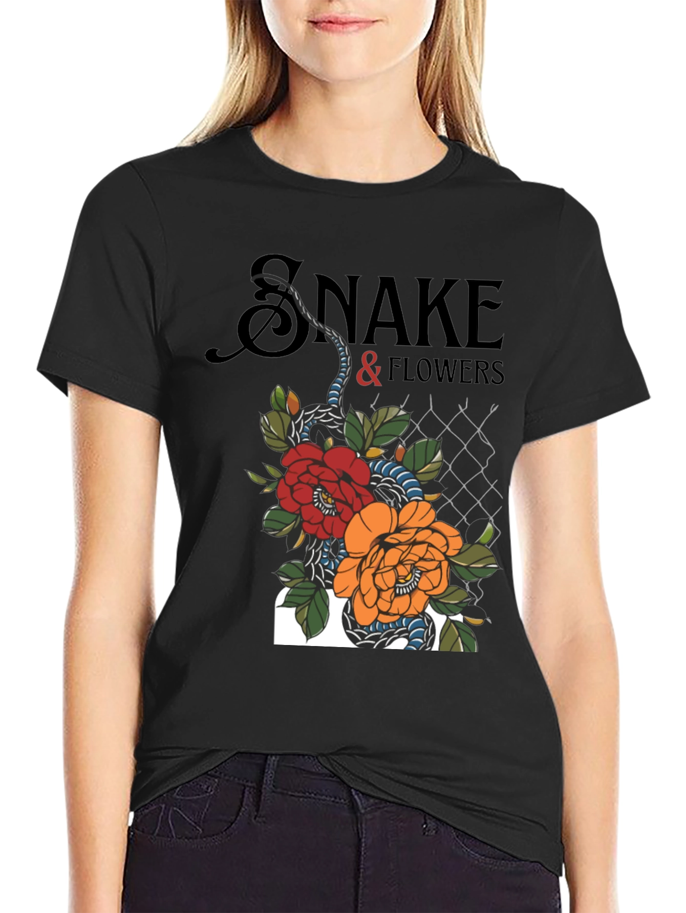 Black Snake & Flowers Graphic Tee - Black Cotton T-Shirt view 2