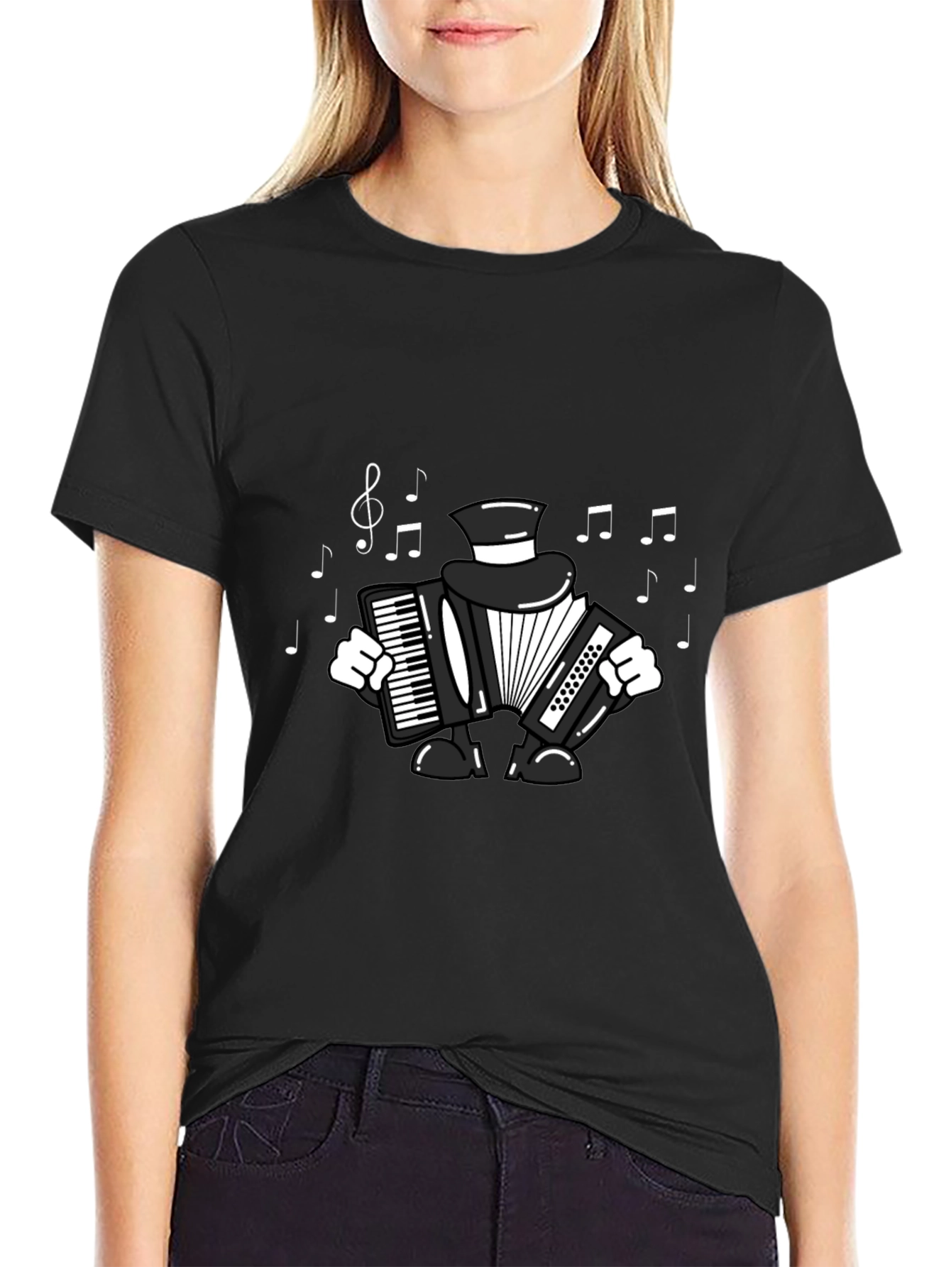 Black Accordion Player T-Shirt - Musical Design view 2