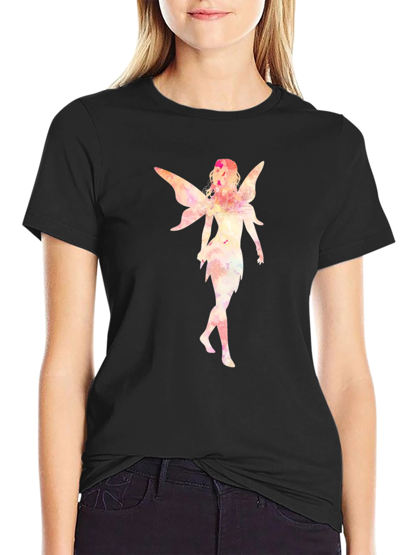 Black Fairy Graphic Tee - Black Cotton Casual Shirt view 2