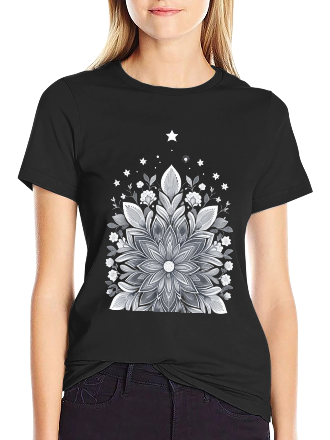 Black Floral Mandala Graphic Tee - Black Cotton Blend view 2