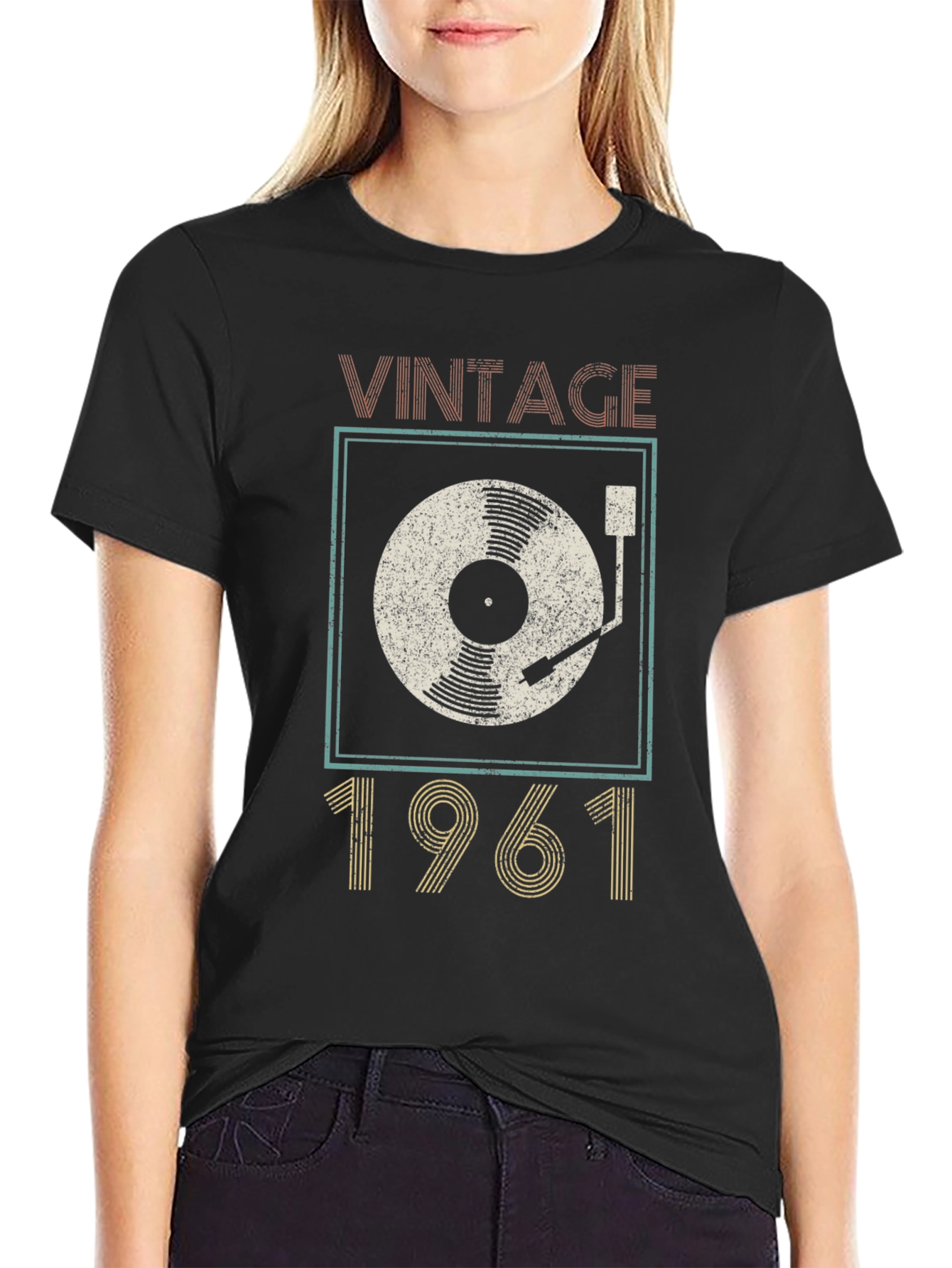 Black Vintage 1961 Record Player Graphic T-Shirt view 2