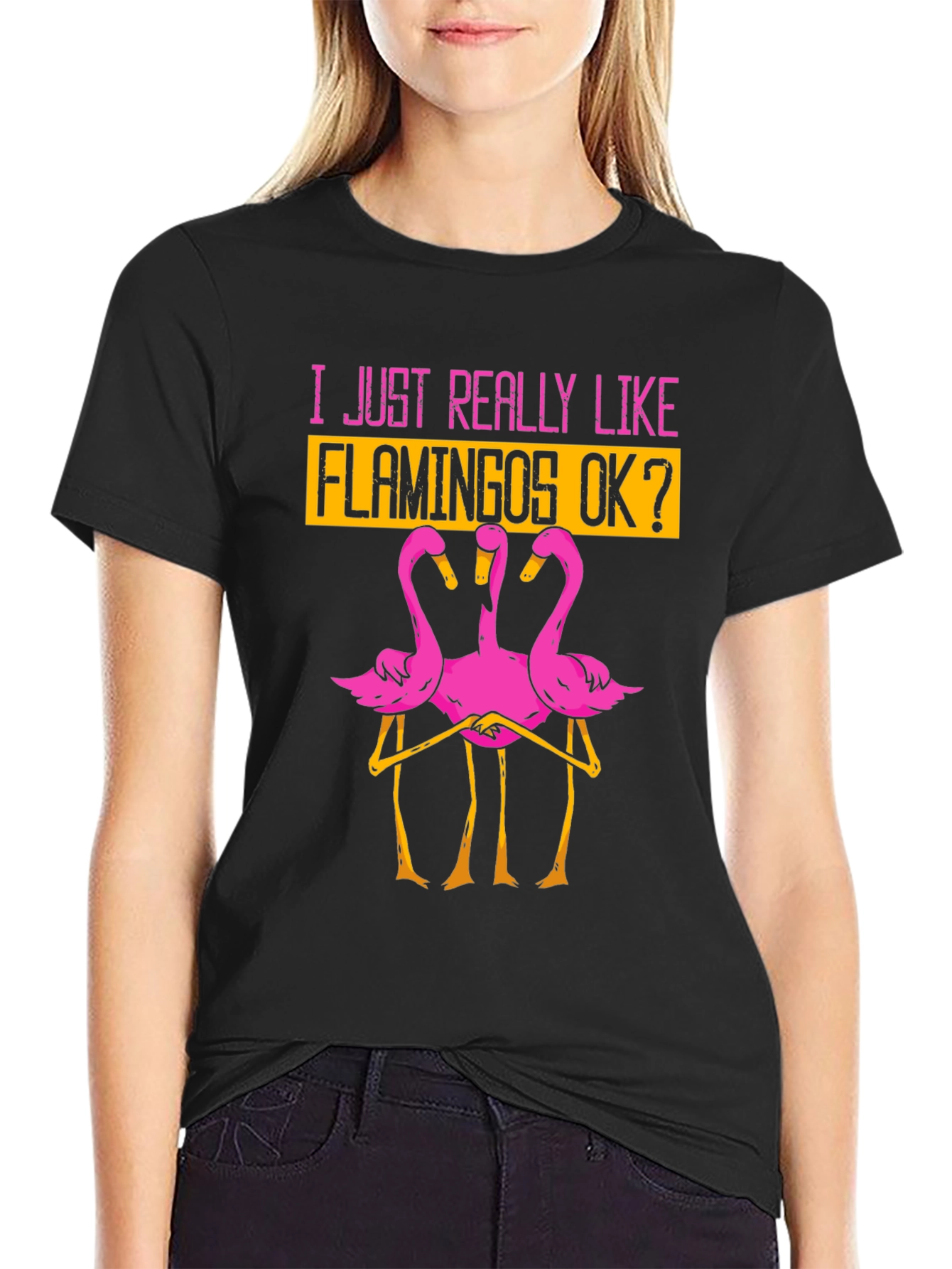 Black Funny Flamingo Graphic T-Shirt - I Just Really Like Flamingos OK? view 2