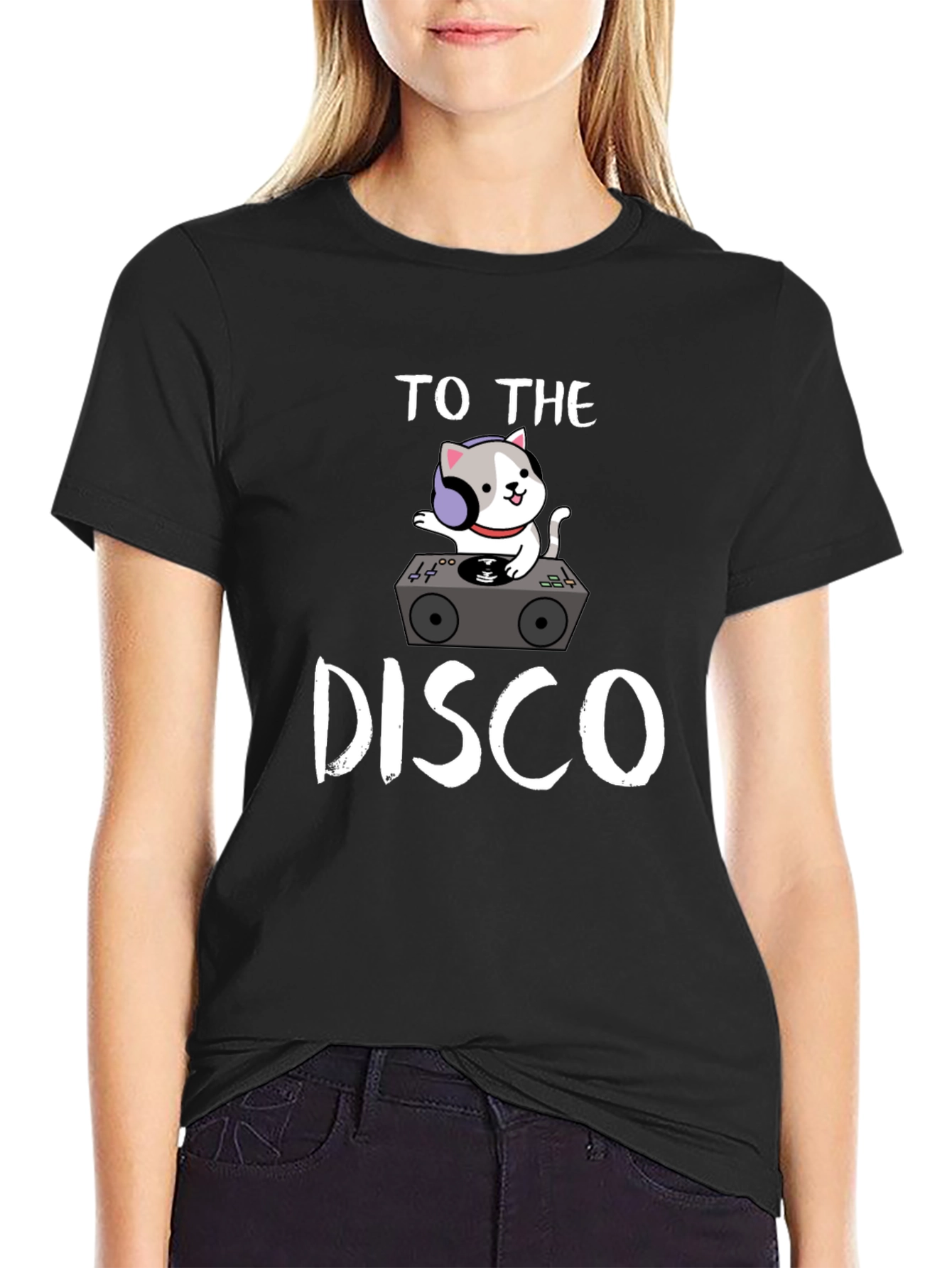 Black DJ Cat Graphic Tee - "To The Disco" Design view 2