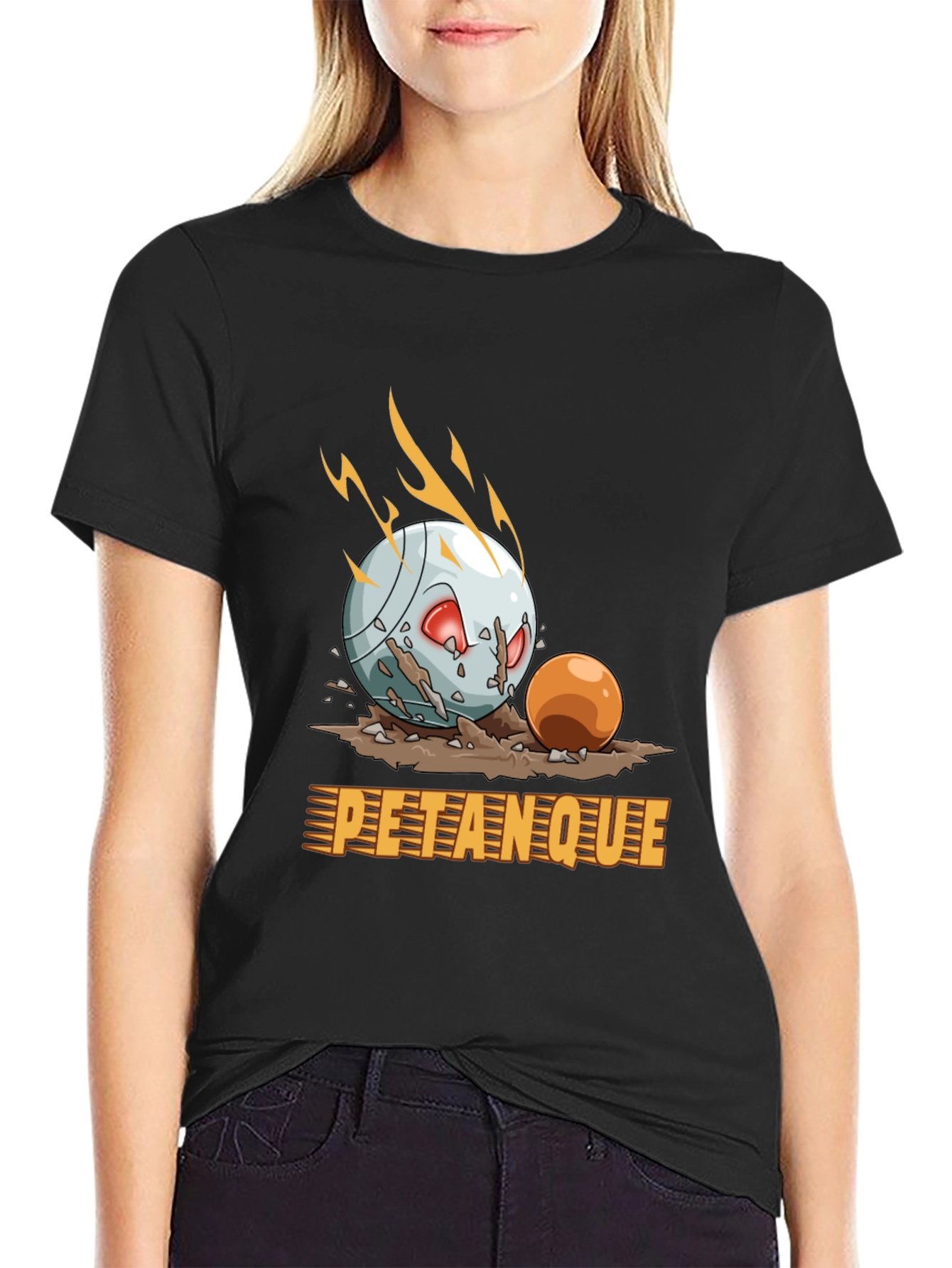 Black Petanque Cartoon Graphic Tee - Black Cotton T-Shirt view 2
