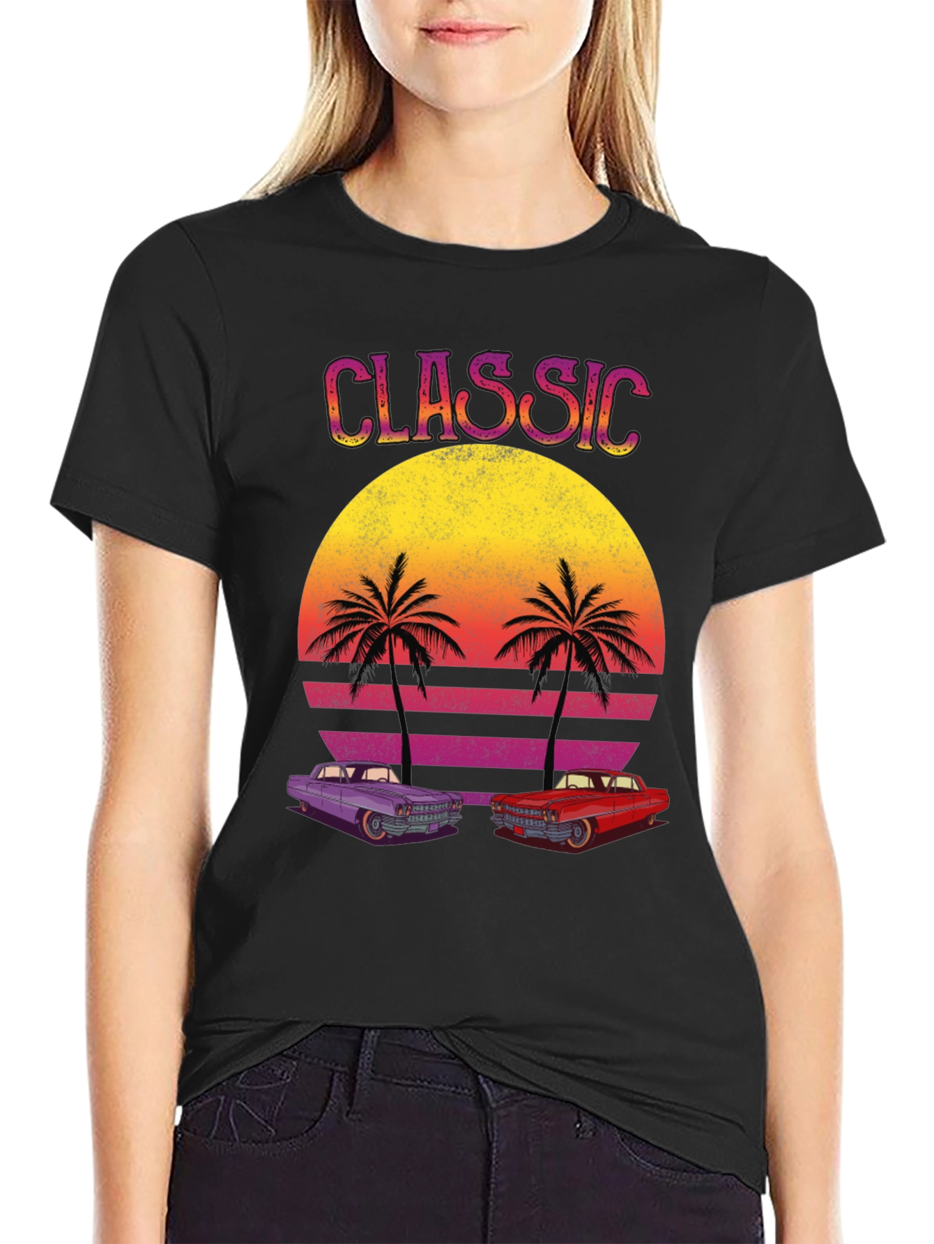 Black Classic Cars Sunset Graphic Tee view 2