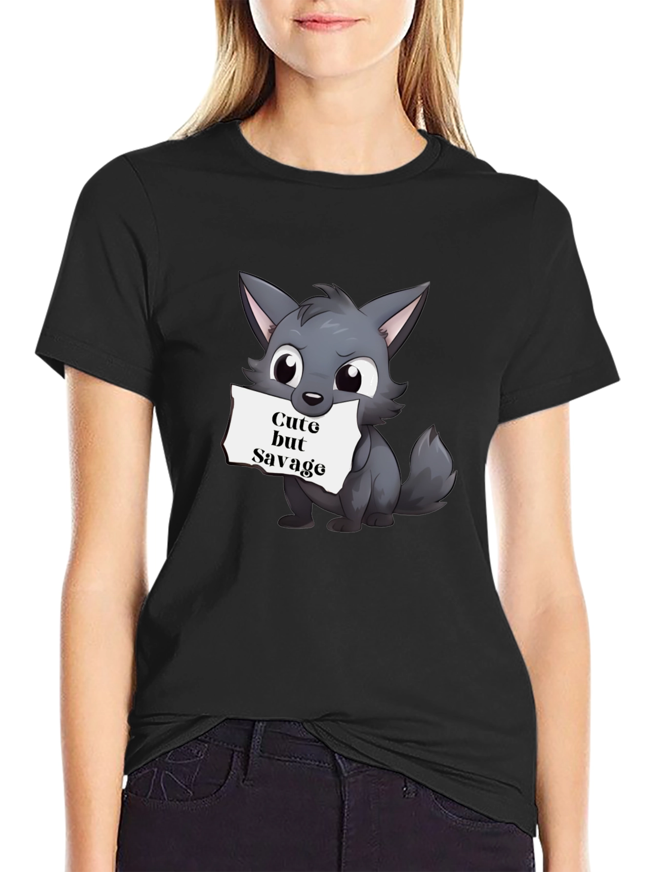 Black Cute But Savage Wolf Graphic Tee view 2