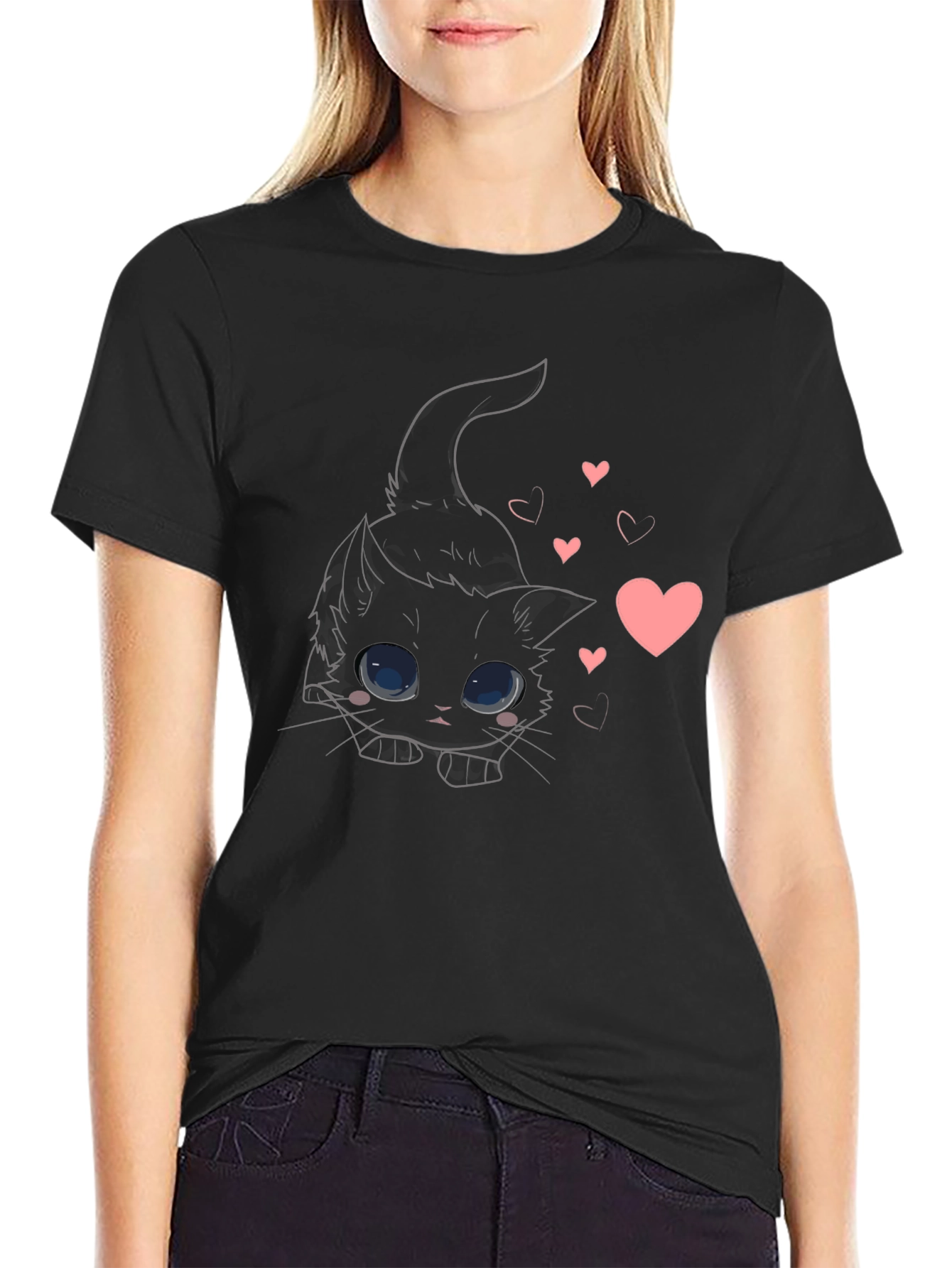 Black Cute Black Cat Tee with Hearts view 2