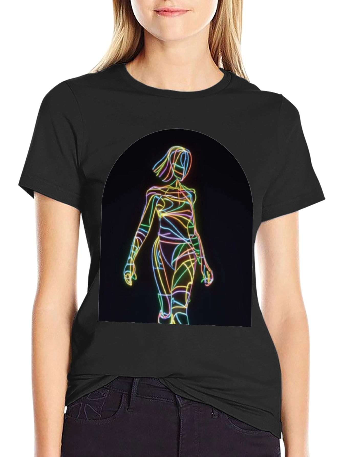 Black Neon Line Art Graphic Black T-Shirt view 2