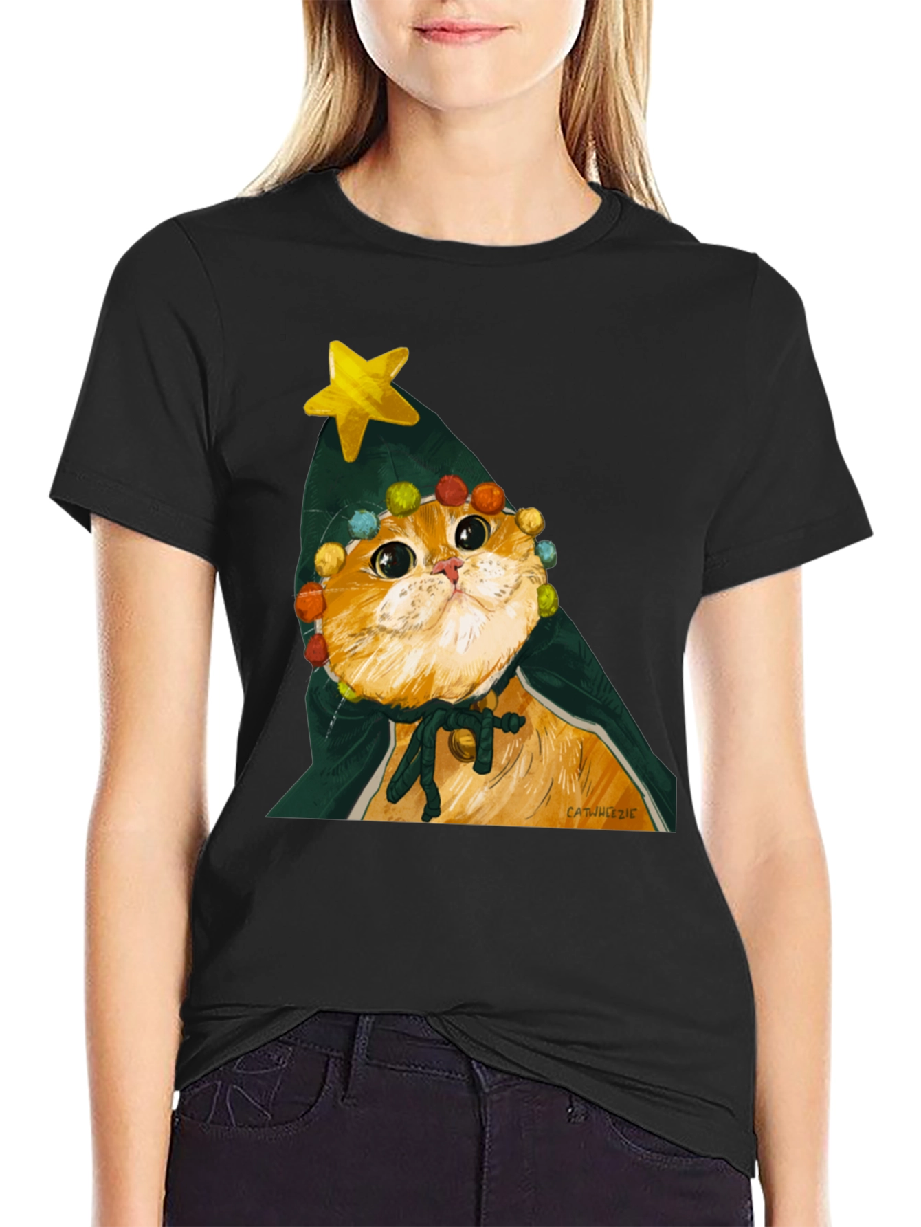 Black Cat Christmas Tree T-Shirt view 2
