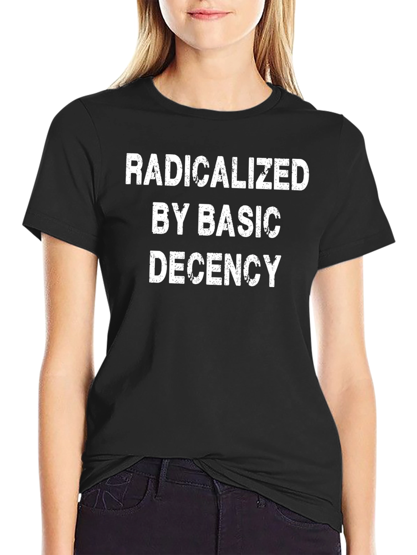 Black Radicalized By Basic Decency Graphic Tee view 2