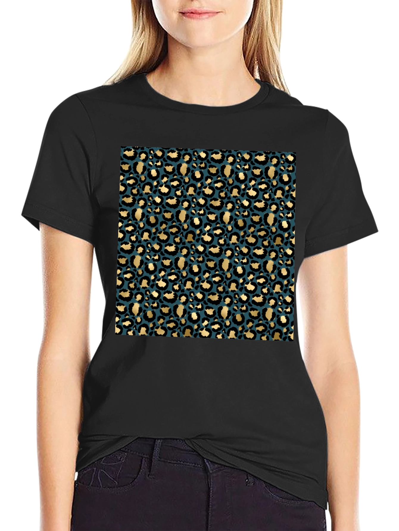 Black Leopard Print Crew Neck T-Shirt view 2