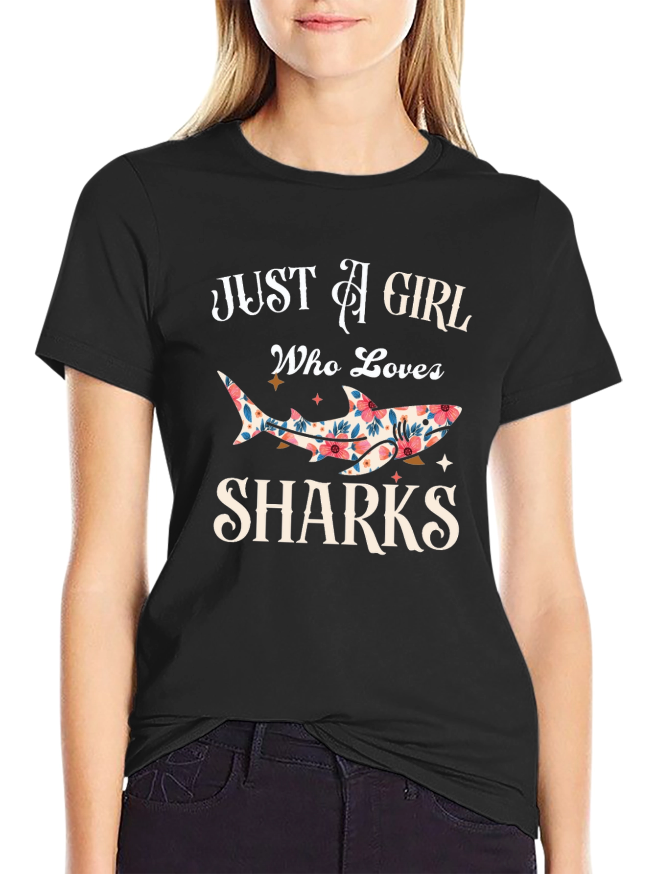 Black Floral Shark Lover T-Shirt - Just A Girl Who Loves Sharks view 2