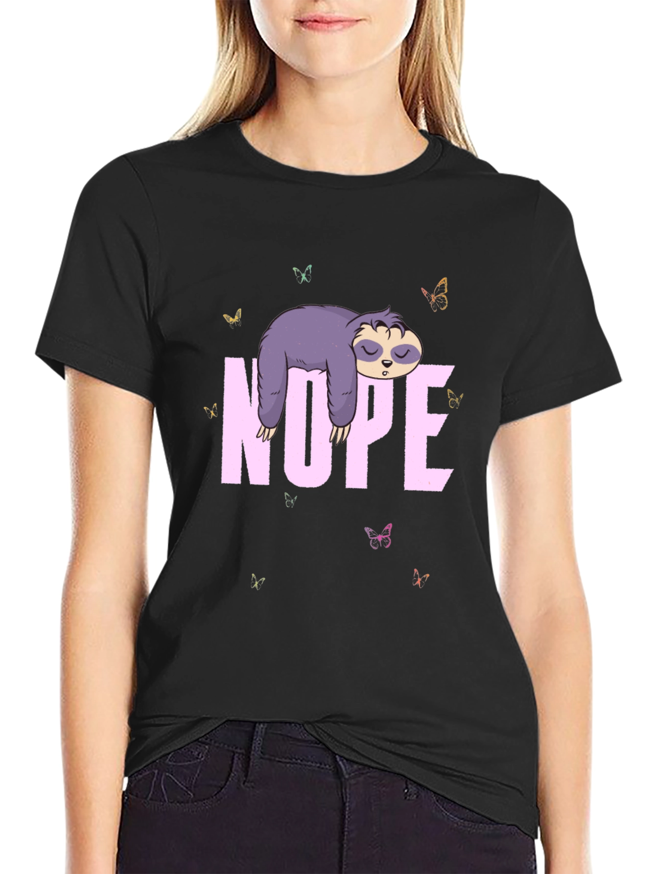 Black Nope Sloth Tee - Cute Lazy Animal T-Shirt view 2