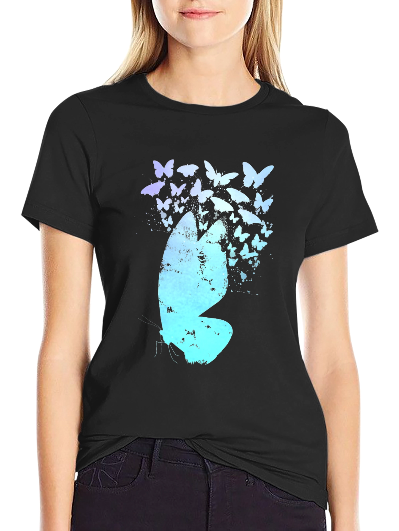 Black Butterfly Effect Graphic Tee - Black Cotton Blend Shirt view 2