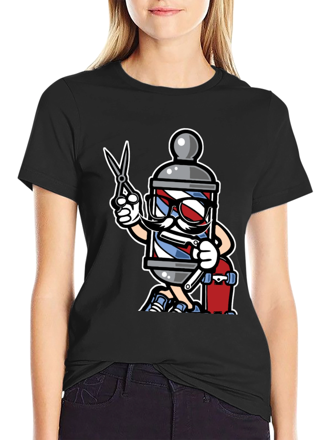 Black Barber Pole Cartoon T-Shirt - Cool Barbershop Style view 2