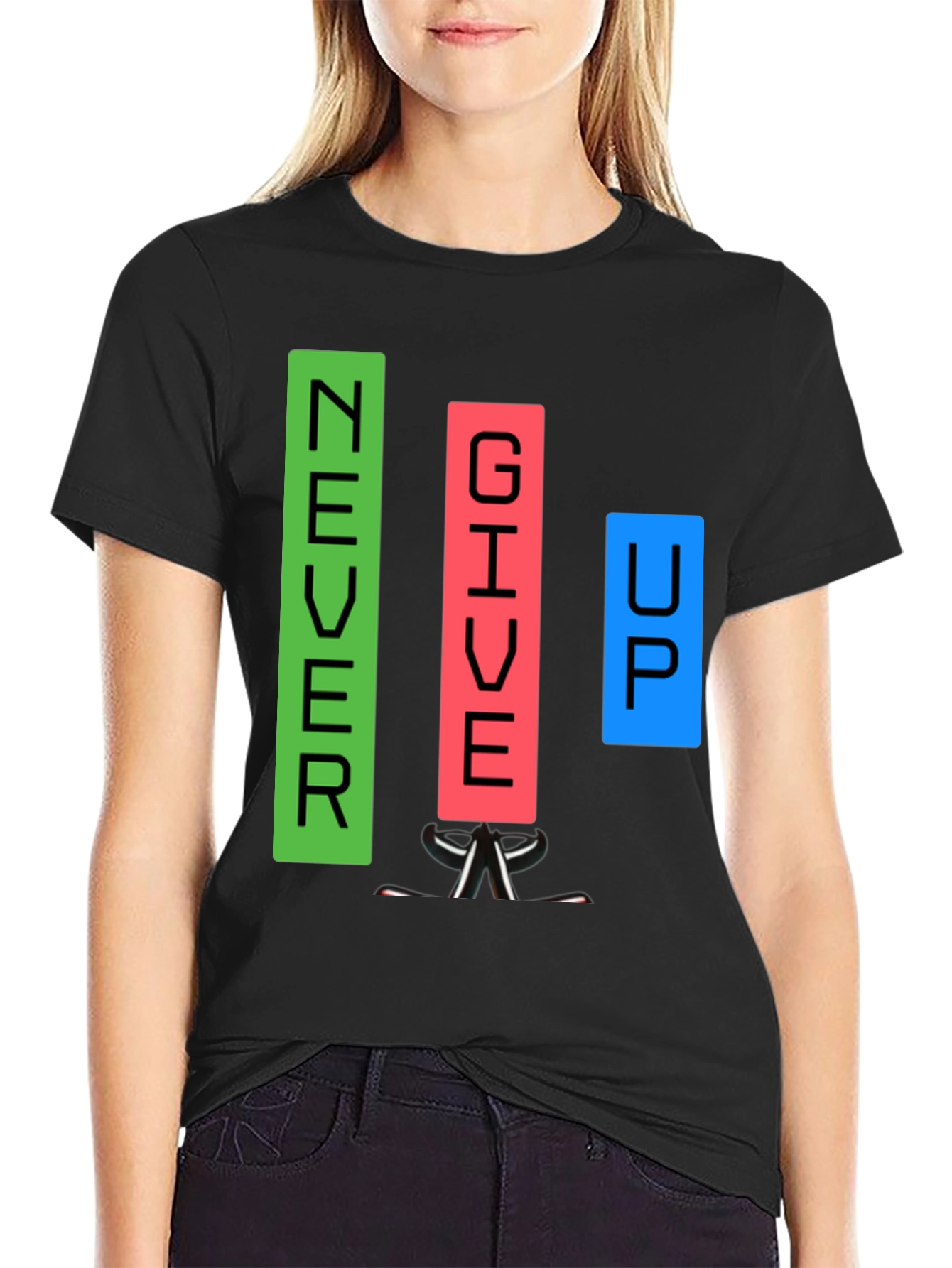 Black Never Give Up Graphic T-Shirt view 2
