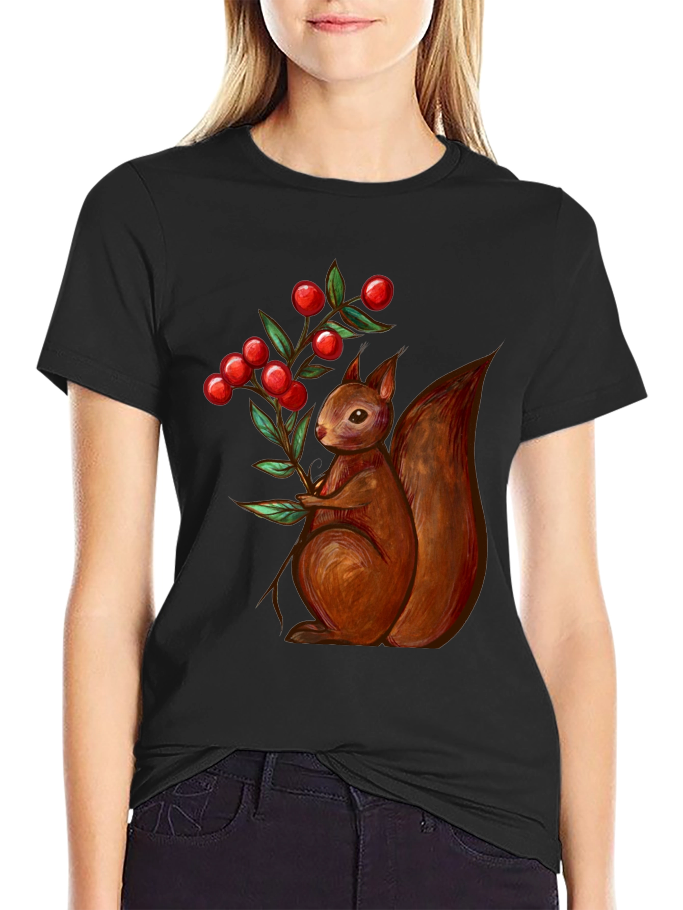 Black Squirrel & Berries Graphic Tee - Stylish Men's T-Shirt view 2