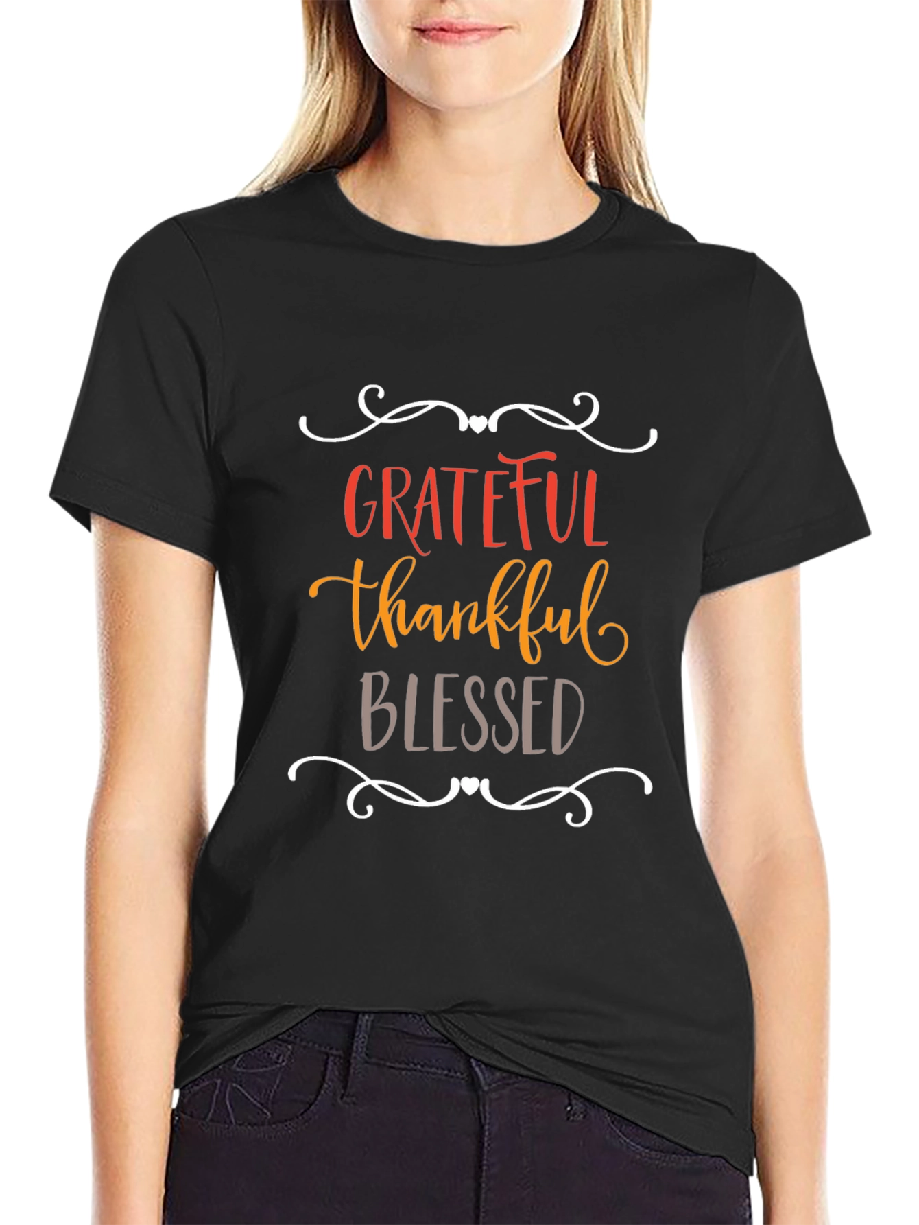 Black Grateful Thankful Blessed Graphic Tee - Soft Cotton Blend T-Shirt view 2